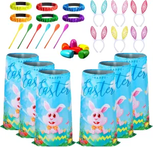 Civaner Easter Outdoor Games Set Includes 6 Plastic Bunny Potato Sack Race Bags, 6 Set Easter Egg and Spoon, 6 Bunny Ears Headbands 6 Legged Relay Race Band for Kid Adult Game Birthday (Classic Style)