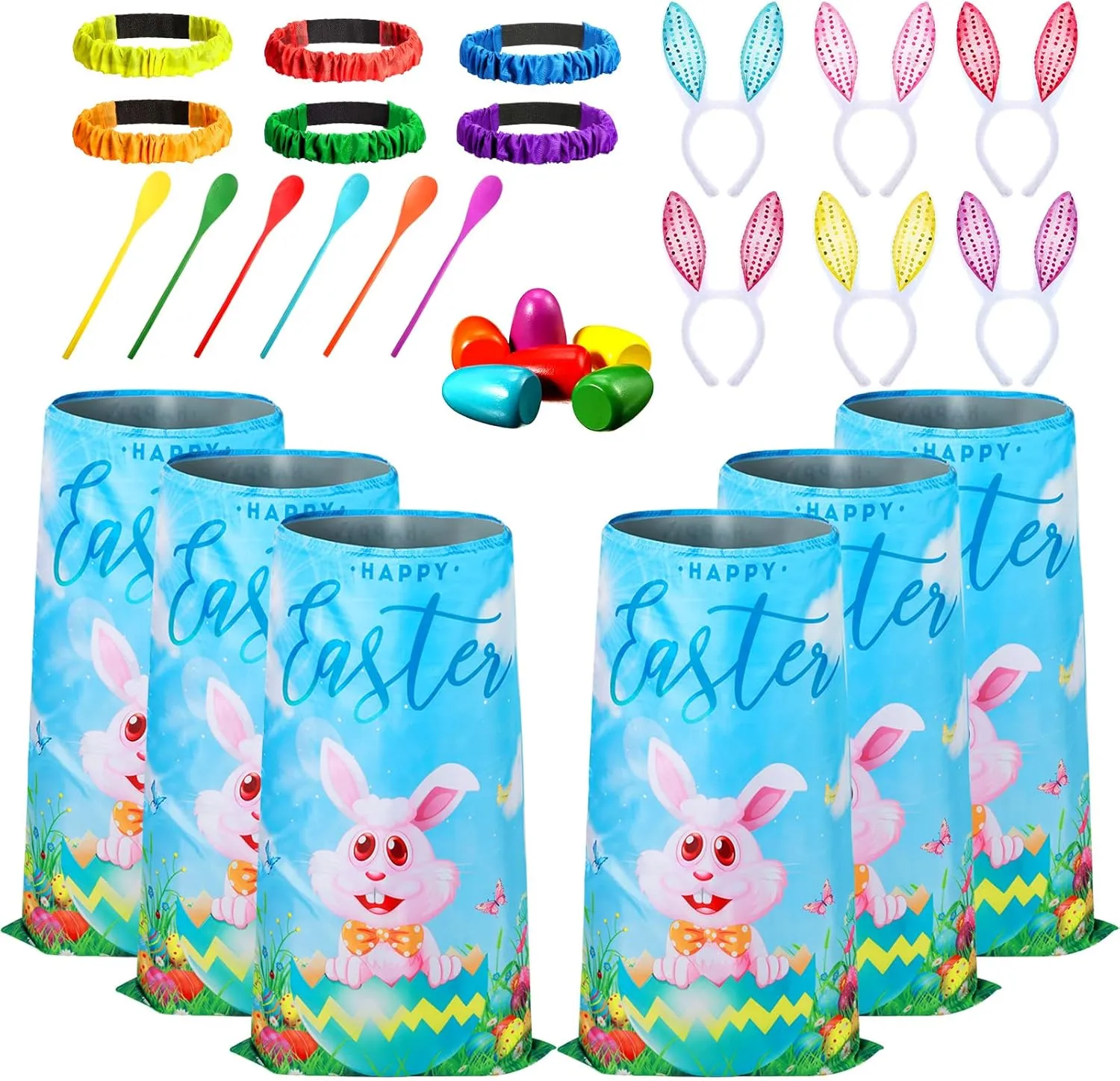 Civaner Easter Outdoor Games Set Includes 6 Plastic Bunny Potato Sack Race Bags, 6 Set Easter Egg and Spoon, 6 Bunny Ears Headbands 6 Legged Relay Race Band for Kid Adult Game Birthday (Classic Style)