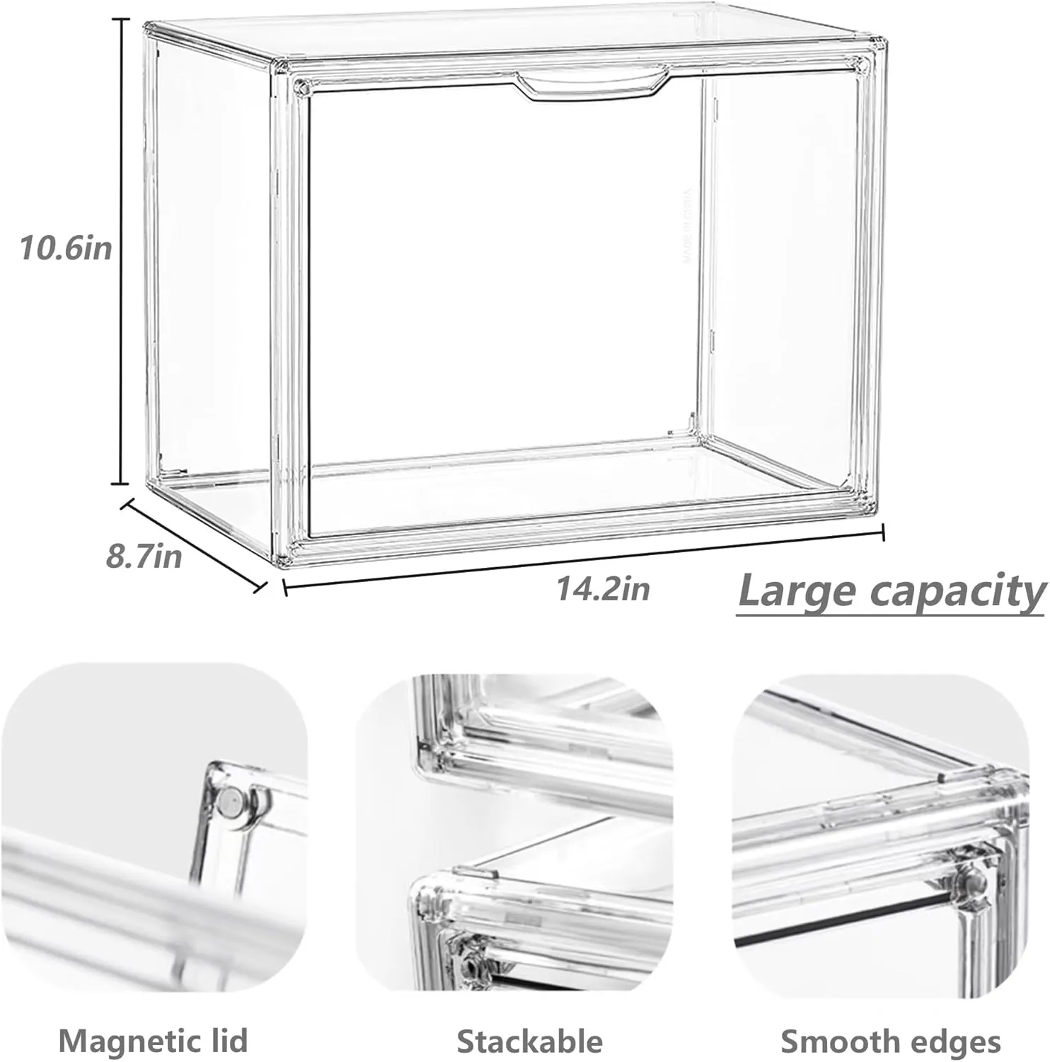 Clear Acrylic Display Case, Stackable Plastic Storage Bins with Magnetic Attraction Lid, Showcase for Cosmetic, Large Figures Collectibles, X-Large