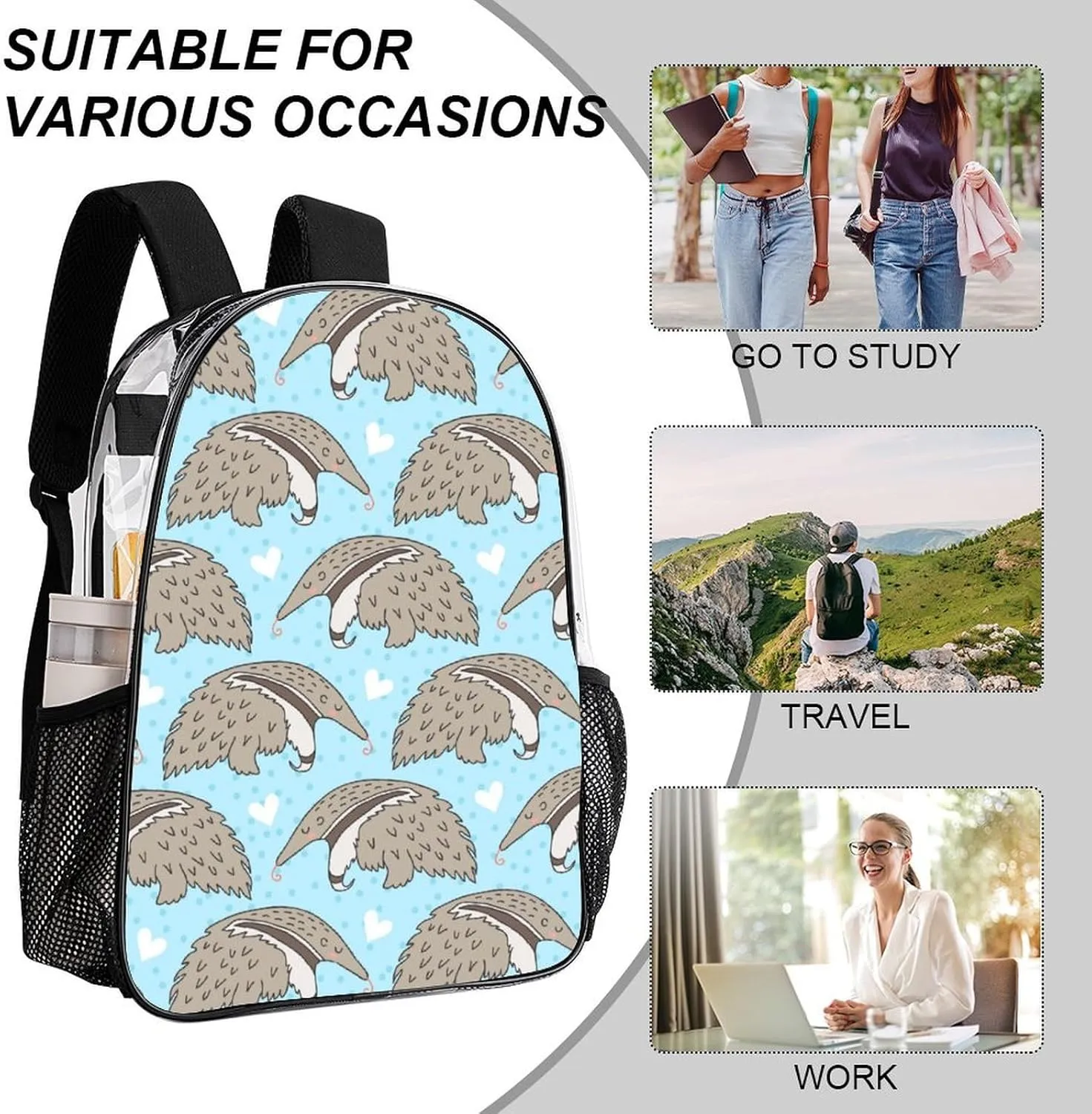 Clear Backpack for Stadium Events Concert Cute Cartoon Anteater Waterproof Heavy Duty for Adult Women Men Summer Clear Transparent Bag for Sport Event Work
