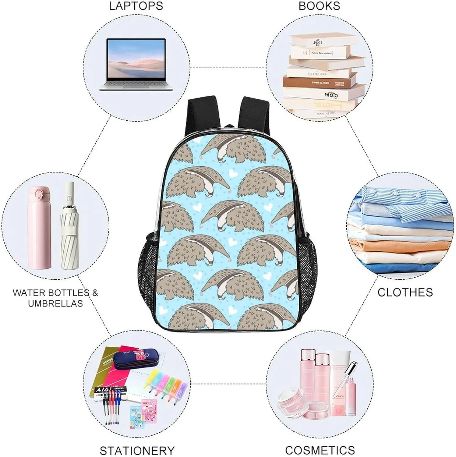 Clear Backpack for Stadium Events Concert Cute Cartoon Anteater Waterproof Heavy Duty for Adult Women Men Summer Clear Transparent Bag for Sport Event Work