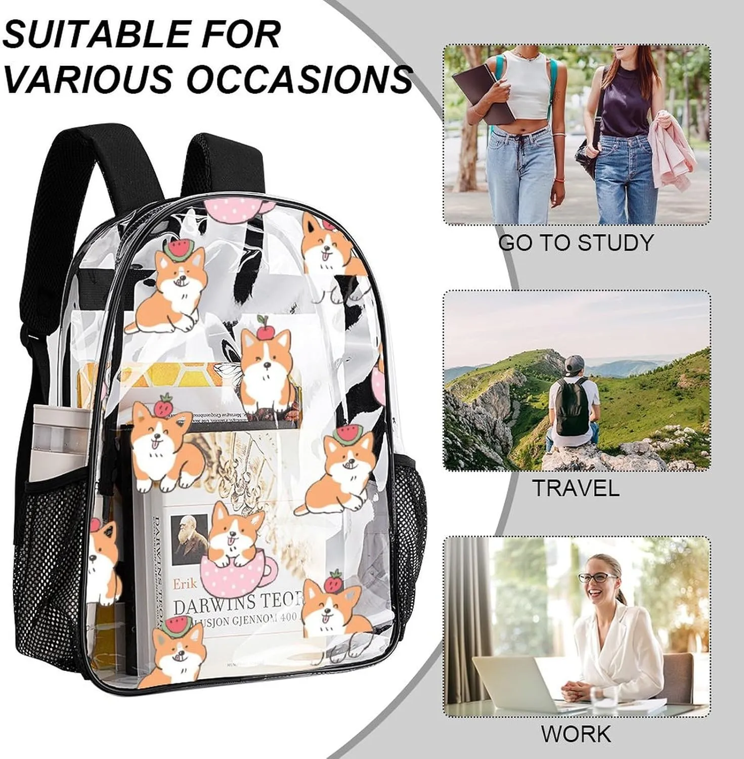 Clear Backpack for Stadium Events Concert Kawaii Corgi Dog Waterproof Heavy Duty for Adult Women Men Clear Transparent Bag for Sport Event Work