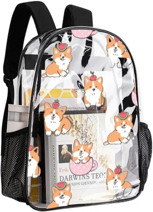 Clear Backpack for Stadium Events Concert Kawaii Corgi Dog Waterproof Heavy Duty for Adult Women Men Clear Transparent Bag for Sport Event Work