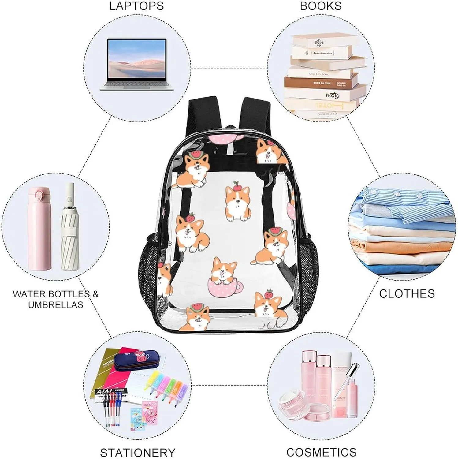 Clear Backpack for Stadium Events Concert Kawaii Corgi Dog Waterproof Heavy Duty for Adult Women Men Clear Transparent Bag for Sport Event Work