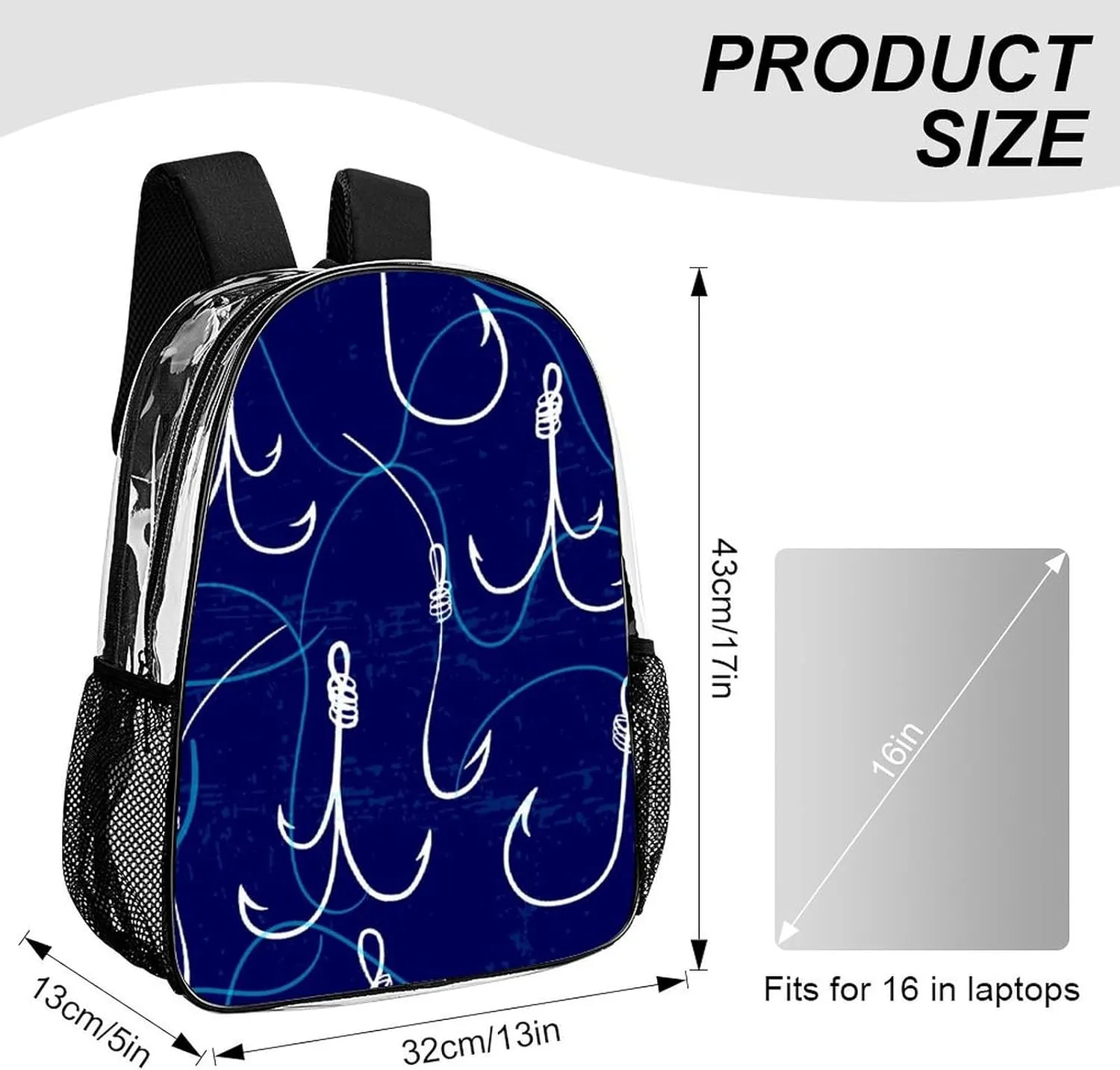 Clear Backpack for Stadium Events Concert Summer Fishing Hooks Waterproof Heavy Duty for Adult Women Men Clear Transparent Bag for Sport Event Work