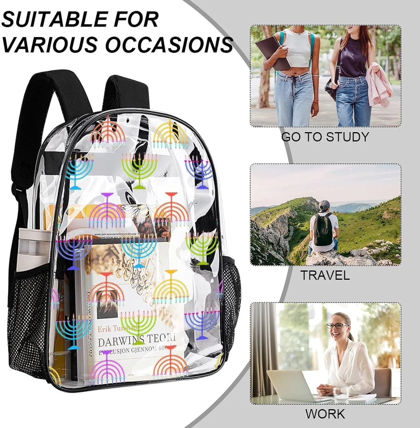 Clear Backpack Heavy Duty Cute Hanukkah 16 Inch for Stadium Events Concert Travel Work Sport Hiking Waterproof Sturdy Transparent Bag for Men Women