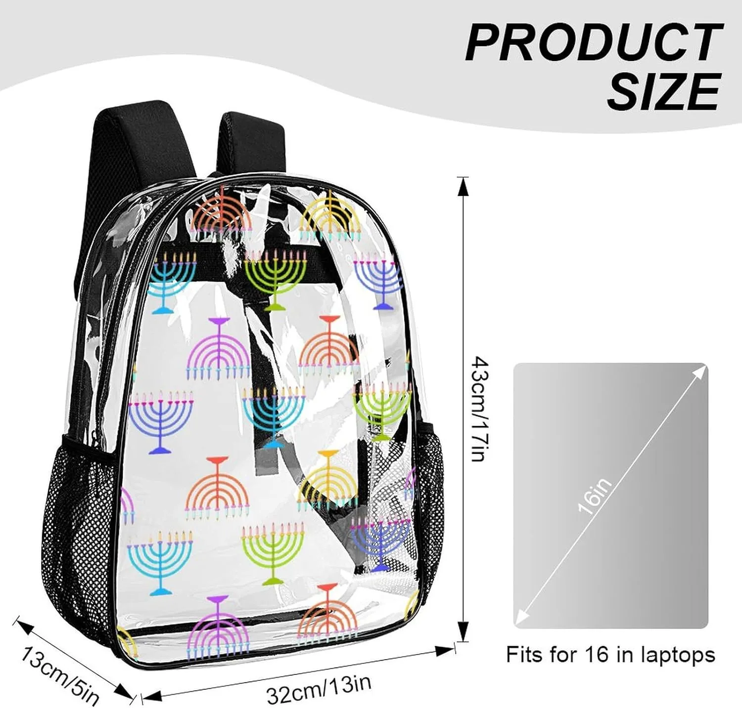Clear Backpack Heavy Duty Cute Hanukkah 16 Inch for Stadium Events Concert Travel Work Sport Hiking Waterproof Sturdy Transparent Bag for Men Women