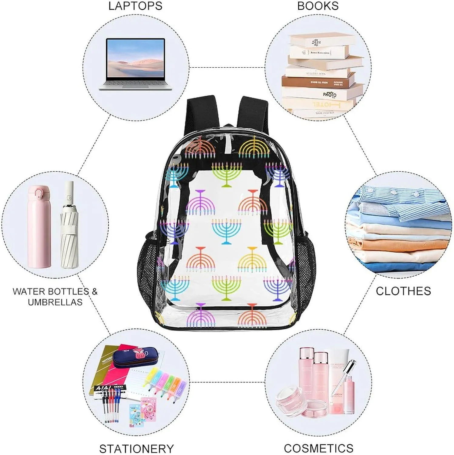 Clear Backpack Heavy Duty Cute Hanukkah 16 Inch for Stadium Events Concert Travel Work Sport Hiking Waterproof Sturdy Transparent Bag for Men Women