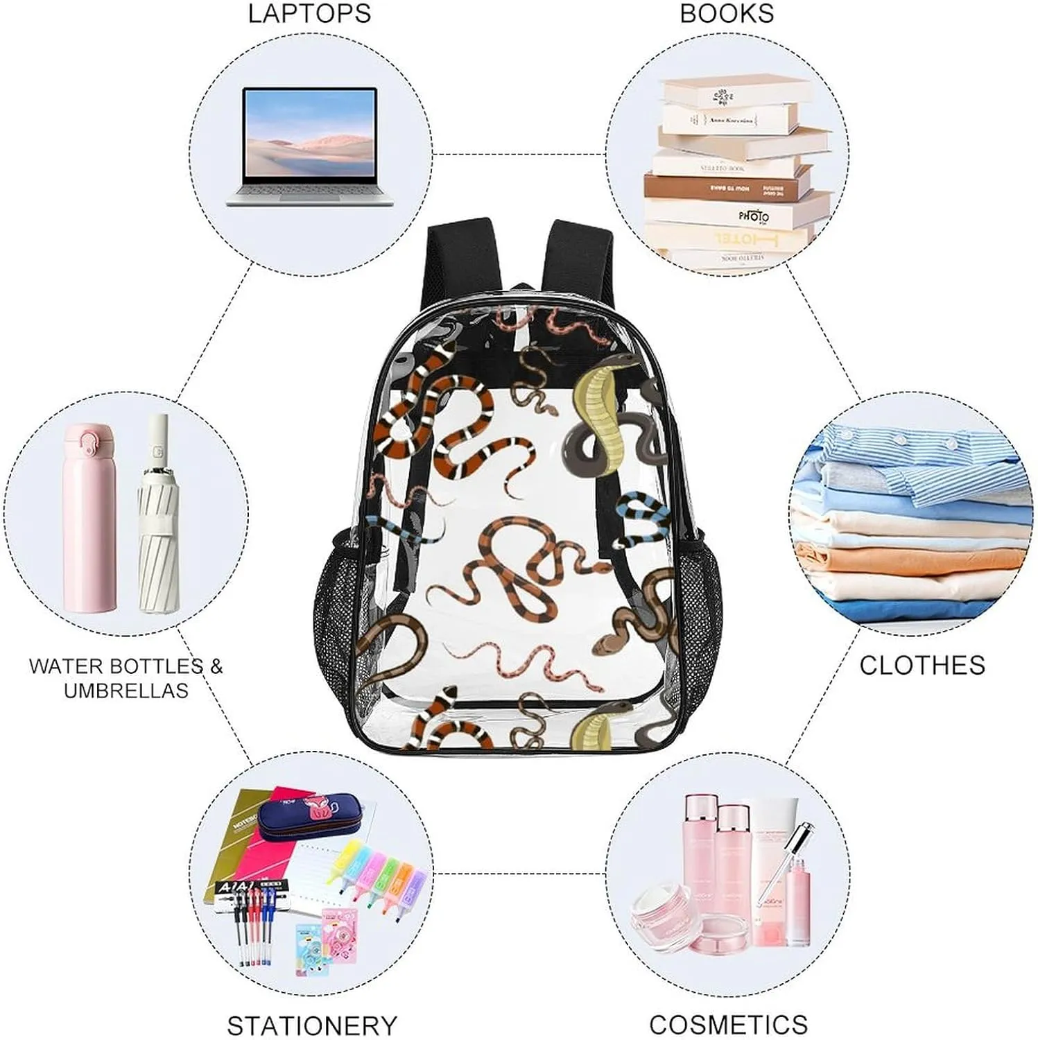 Clear Backpack Heavy Duty Funny Summer Snake 16 Inch for Stadium Events Concert Travel Work Sport Hiking Waterproof Sturdy Transparent Bag for Men Women