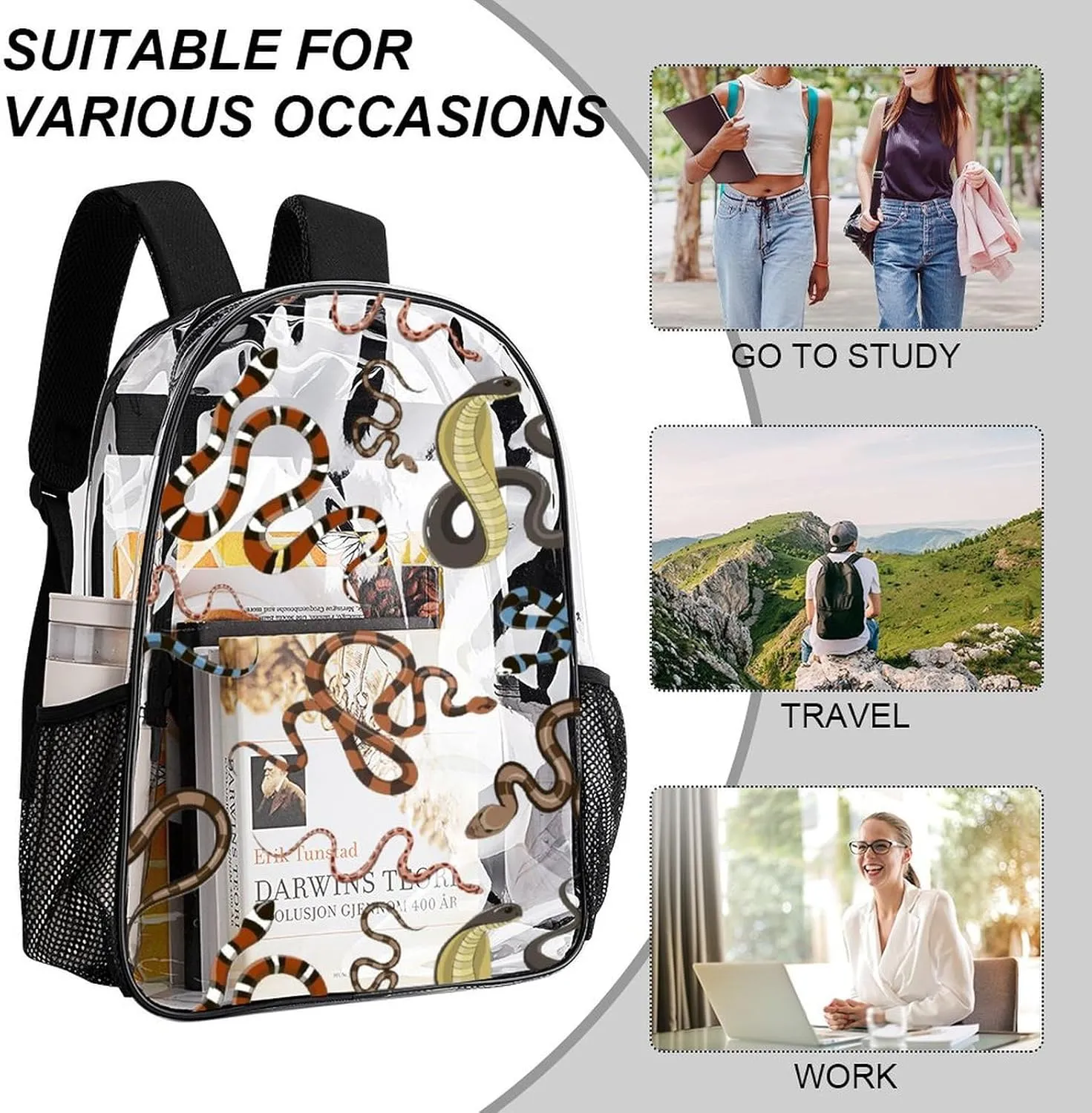 Clear Backpack Heavy Duty Funny Summer Snake 16 Inch for Stadium Events Concert Travel Work Sport Hiking Waterproof Sturdy Transparent Bag for Men Women