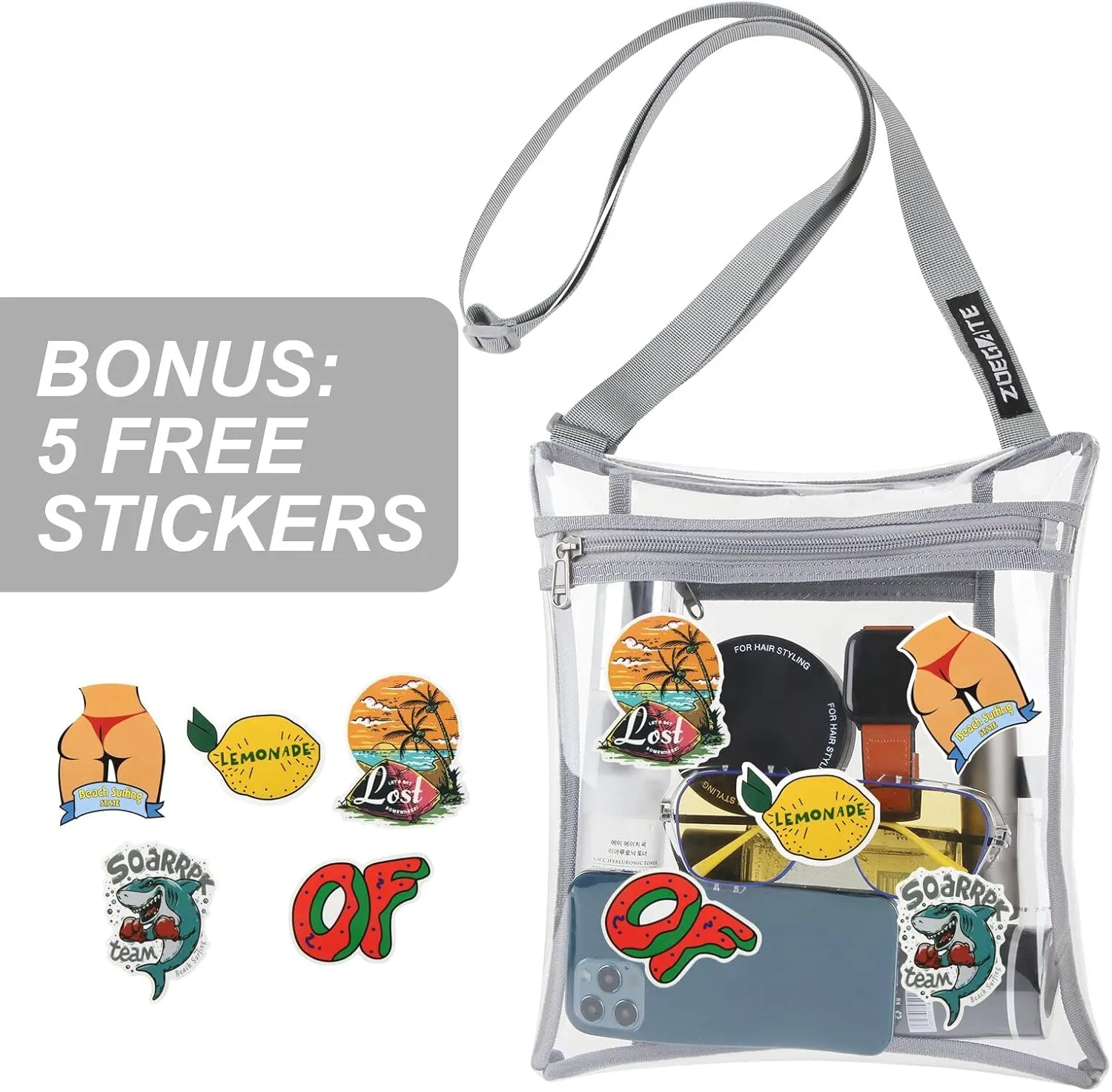 Clear Bag Crossbody Purse Bag Stadium Approved Clear Concert Purse Shoulder Bag with Inner Pocket 5 Cool Stickers