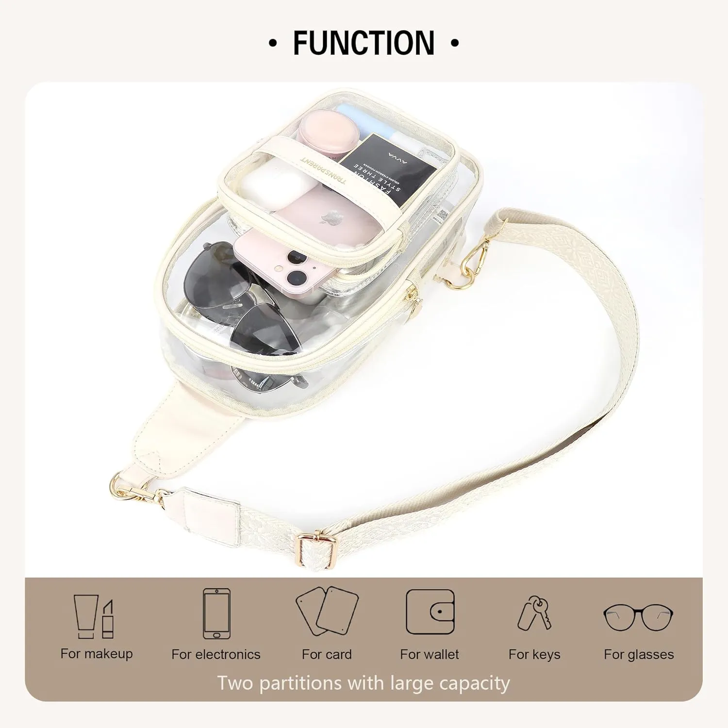 Clear Bags for Women, Crossbody Stadium Approved Bag with Adjustable Strap (Beige)