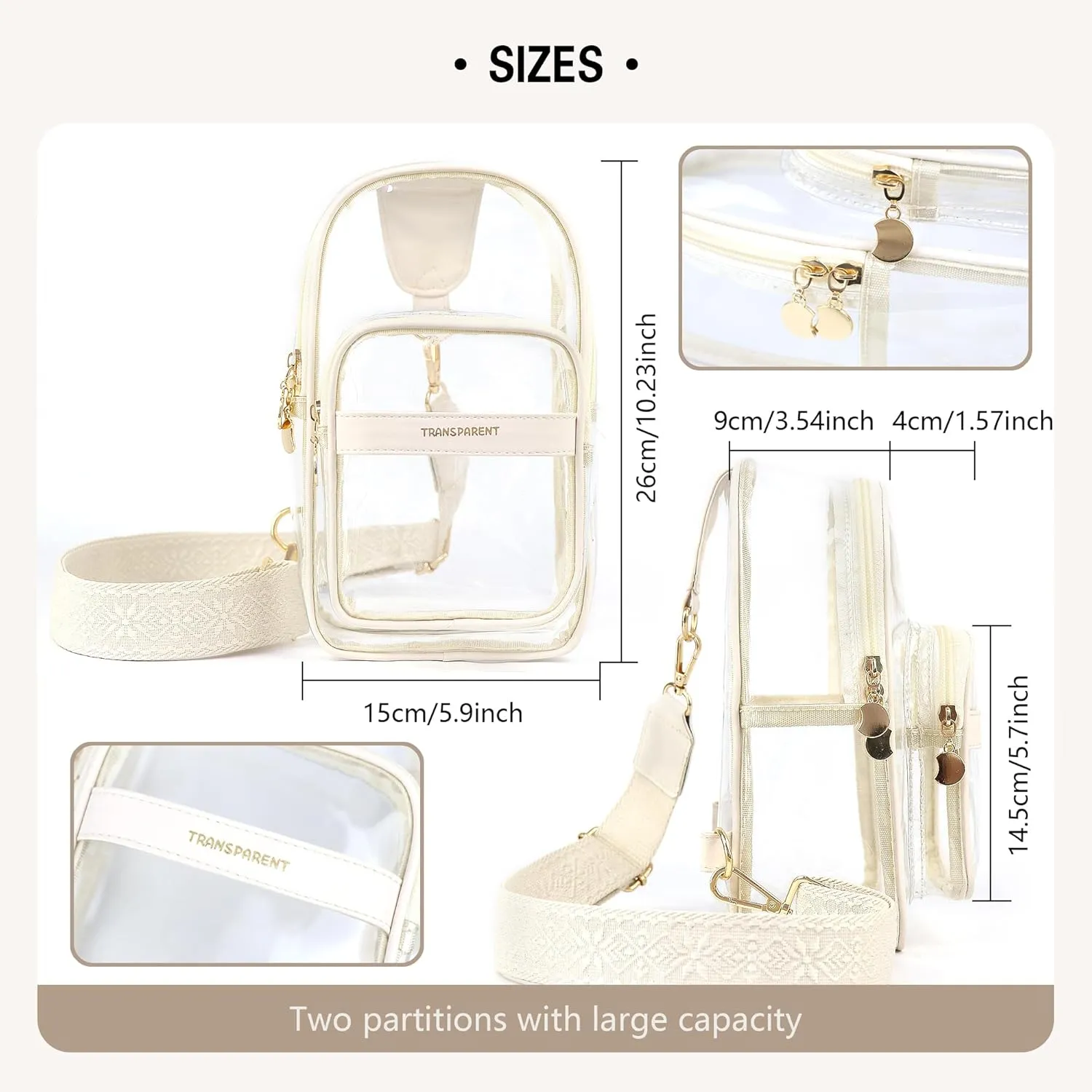 Clear Bags for Women, Crossbody Stadium Approved Bag with Adjustable Strap (Beige)