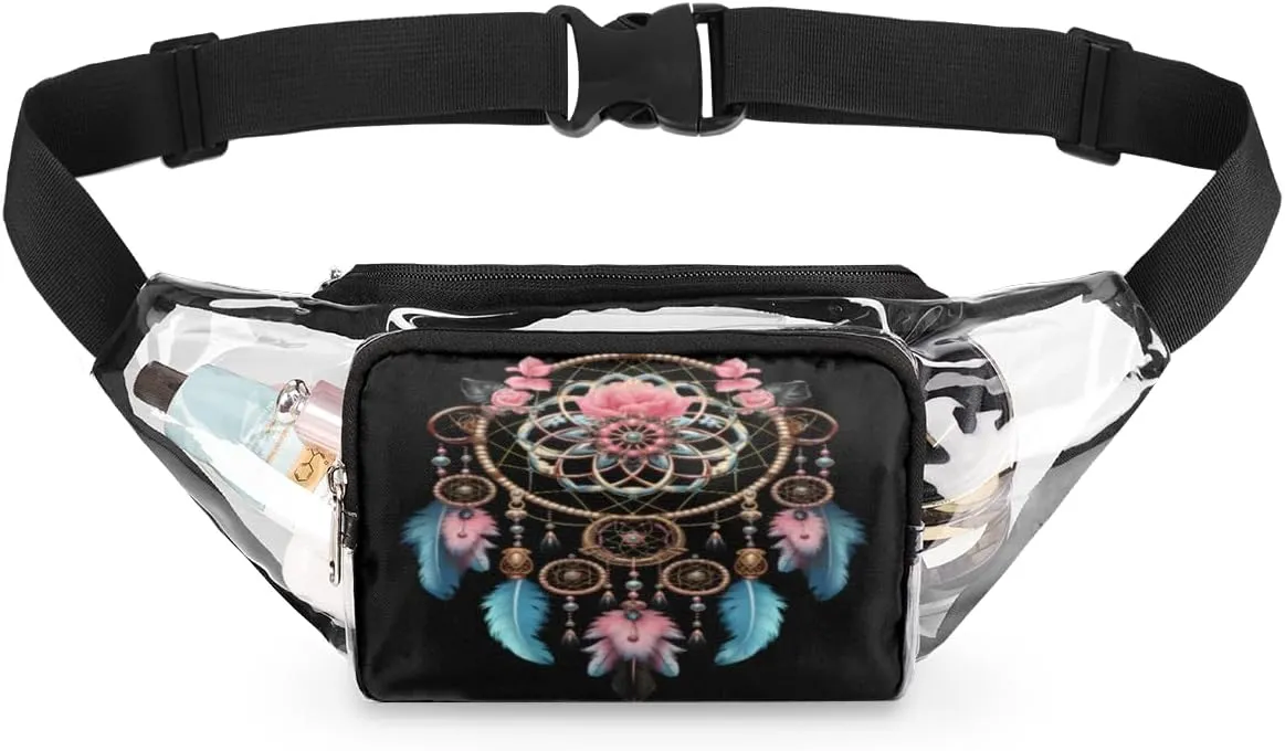 Clear Fanny Pack Stadium Approved Gypsy Dream Catcher Clear Bag for Women Men Multi-purpose Clear Purse Ethnic Design Transparent Waist Bag with Belt for Sporting Event Travel Beach Concerts