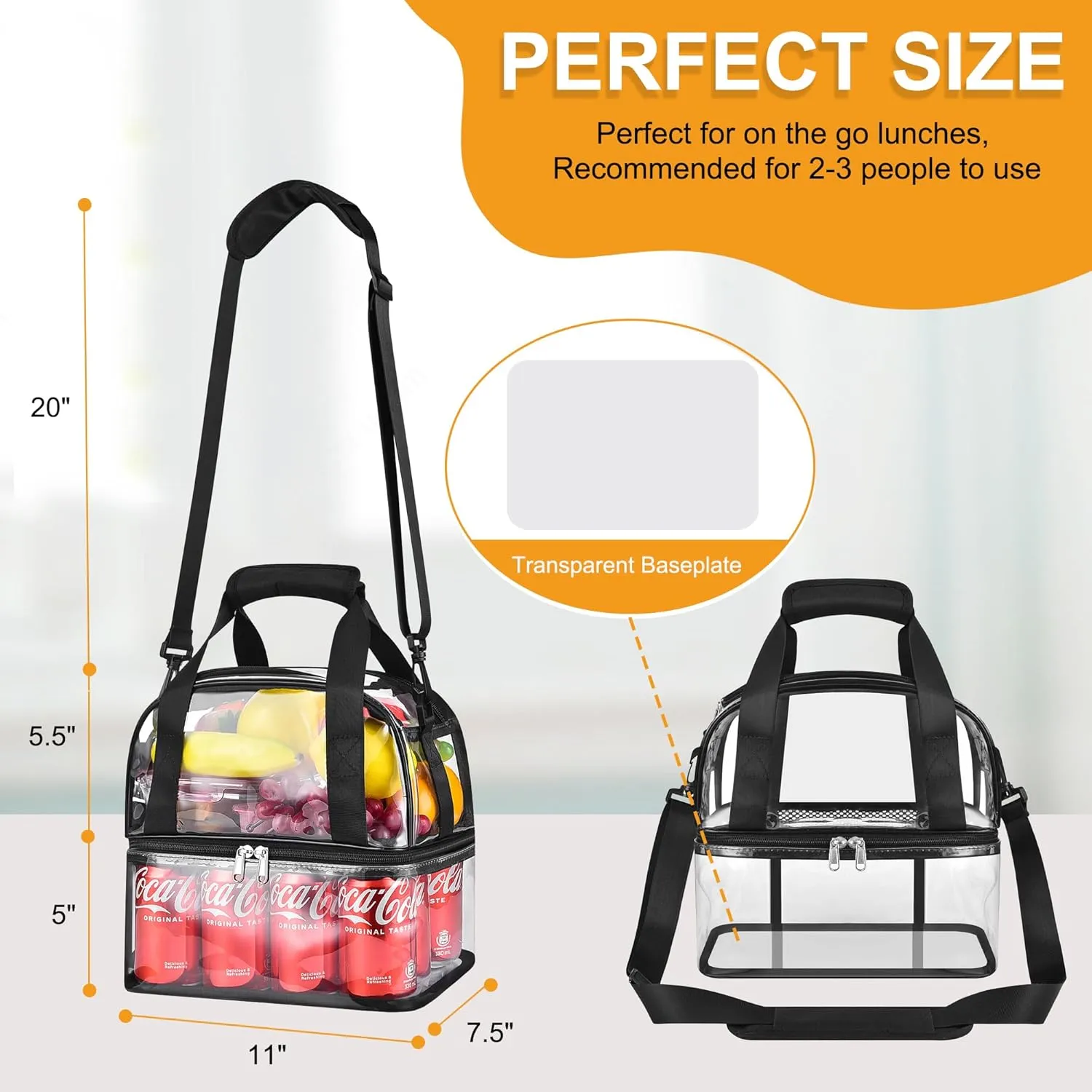Clear Lunch Bag - Double Deck Reusable Clear Lunch Bag for Men, Women, Picnic, Beach, School. Adjustable Shoulder Strap, Perfect for 2-4 People