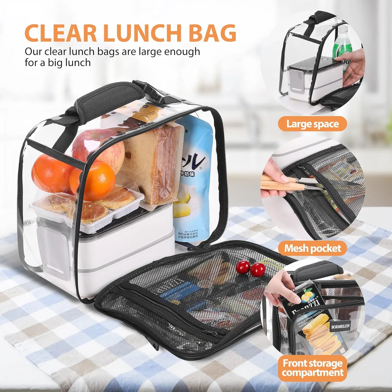 Clear Lunch Bags for Work for kids Transparent Plastic See through Stadium Concert School Picnic Correctional offcer approved Tote Buckle Handle,Black (11x9x6 inches)