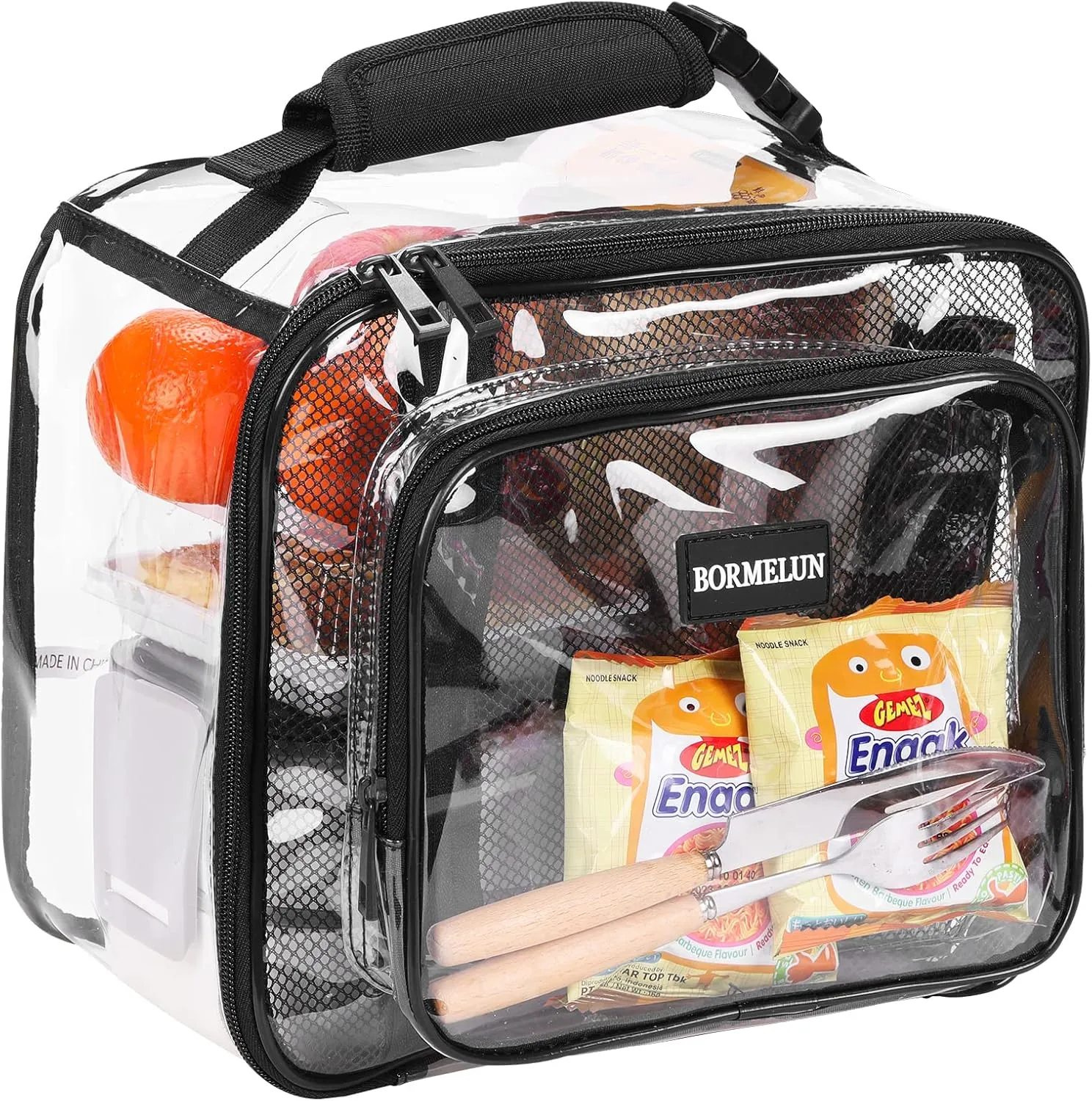 Clear Lunch Bags for Work for kids Transparent Plastic See through Stadium Concert School Picnic Correctional offcer approved Tote Buckle Handle,Black (11x9x6 inches)