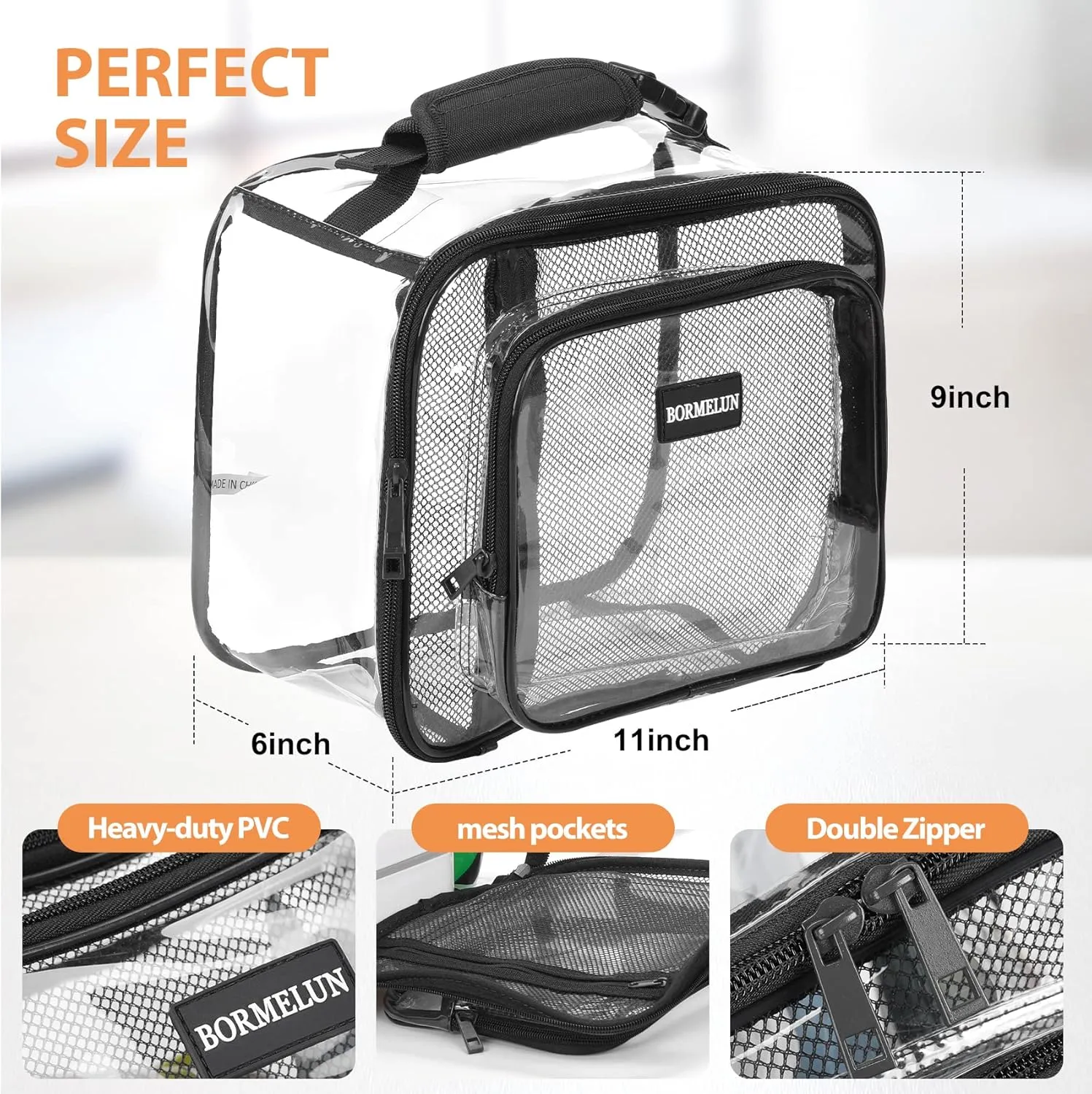 Clear Lunch Bags for Work for kids Transparent Plastic See through Stadium Concert School Picnic Correctional offcer approved Tote Buckle Handle,Black (11x9x6 inches)