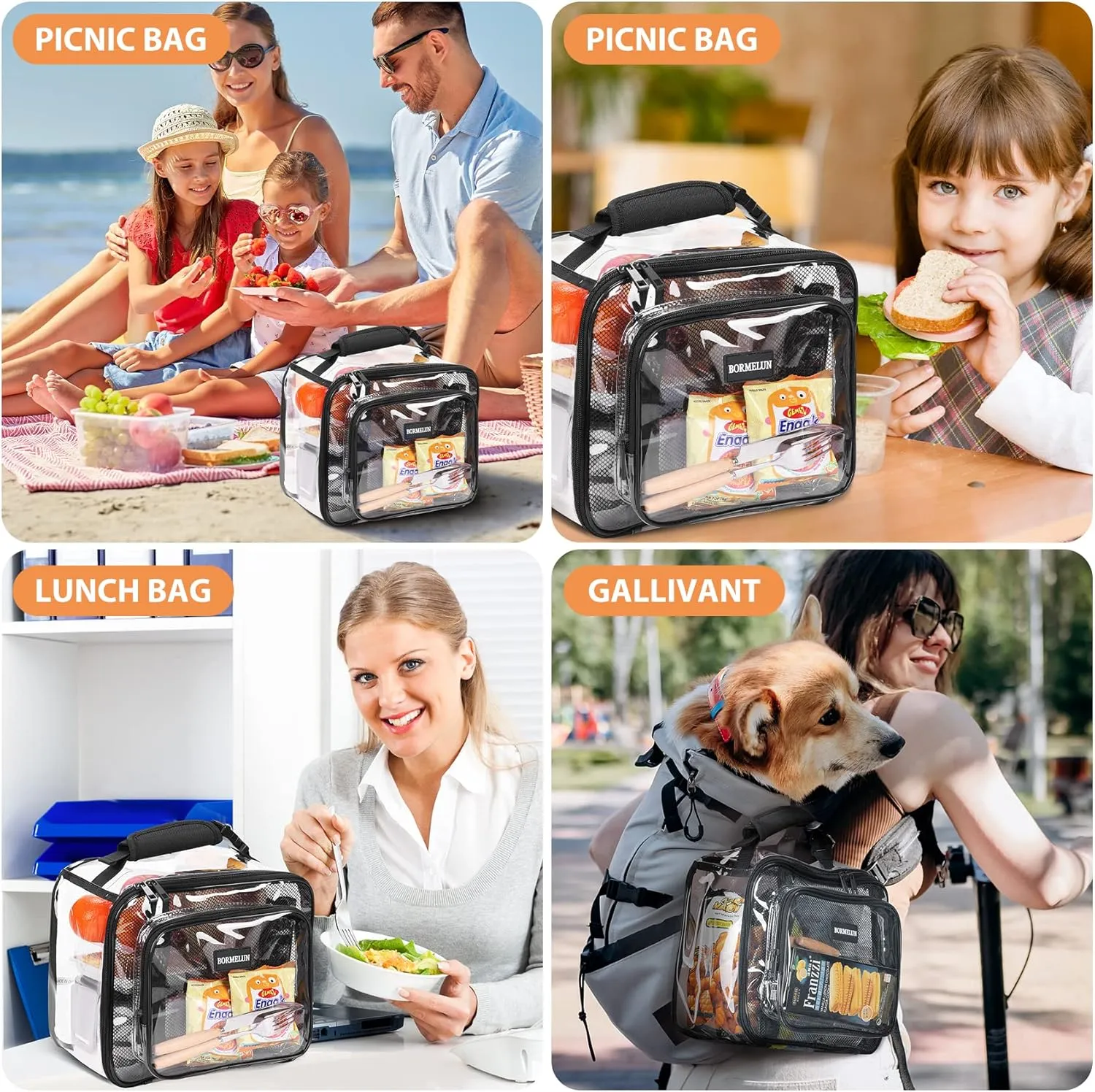Clear Lunch Bags for Work for kids Transparent Plastic See through Stadium Concert School Picnic Correctional offcer approved Tote Buckle Handle,Black (11x9x6 inches)