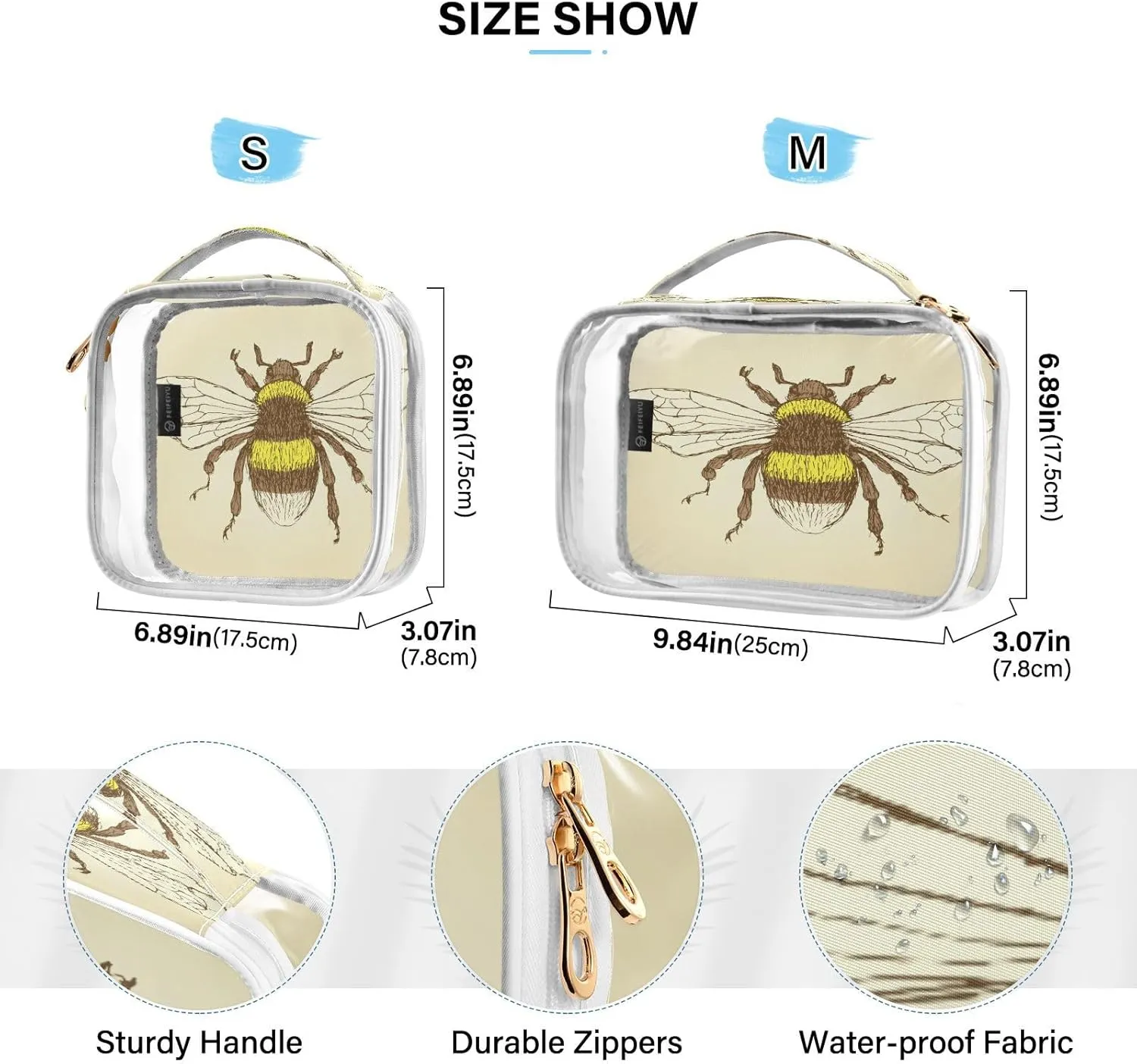 Clear Makeup Bag with Handles 2 Pack Sketch Bumble Bee PVC Waterproof Clear Toiletry Bag for Women Men Traveling Vintage Style Carry on Clear Travel Pouch Cosmetic Bags