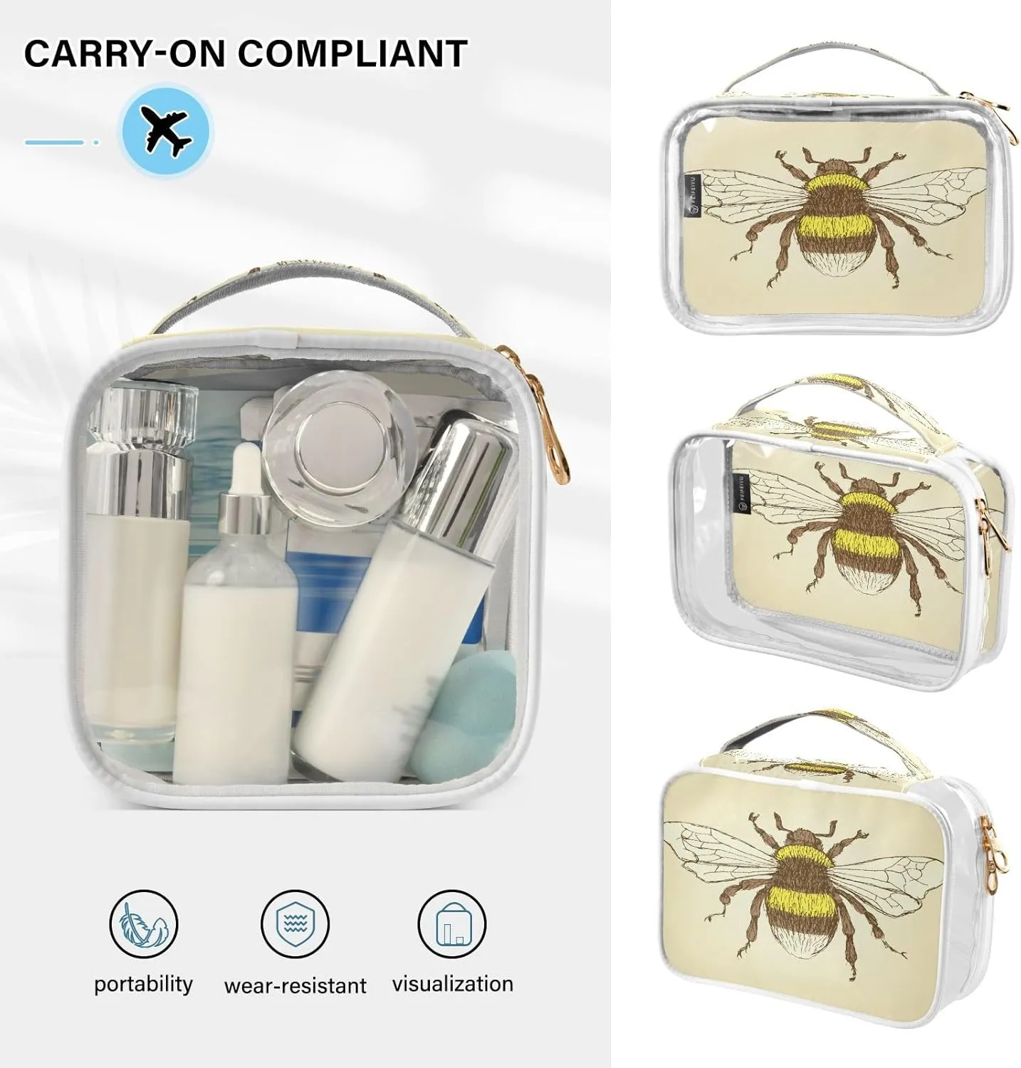 Clear Makeup Bag with Handles 2 Pack Sketch Bumble Bee PVC Waterproof Clear Toiletry Bag for Women Men Traveling Vintage Style Carry on Clear Travel Pouch Cosmetic Bags