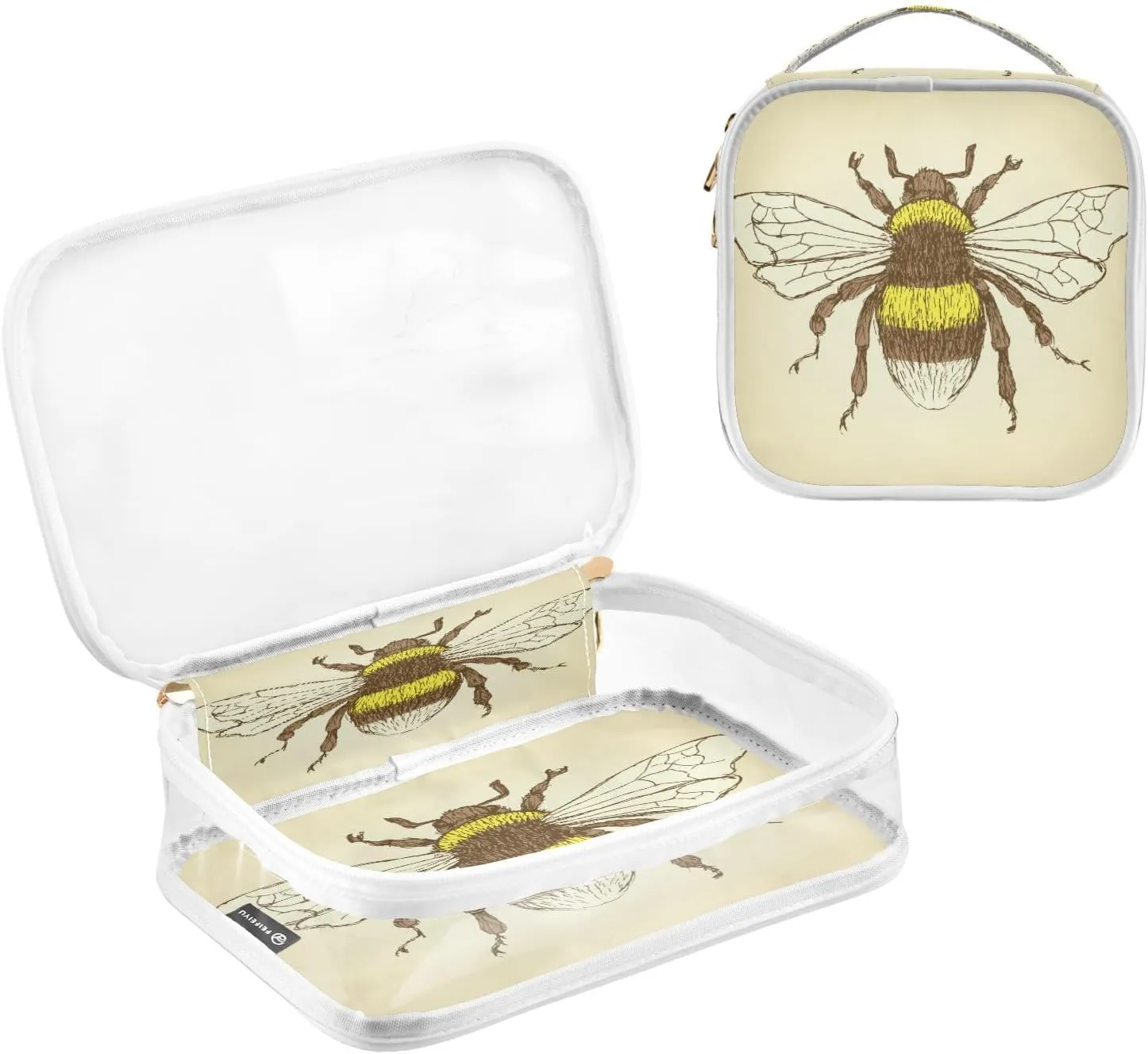 Clear Makeup Bag with Handles 2 Pack Sketch Bumble Bee PVC Waterproof Clear Toiletry Bag for Women Men Traveling Vintage Style Carry on Clear Travel Pouch Cosmetic Bags