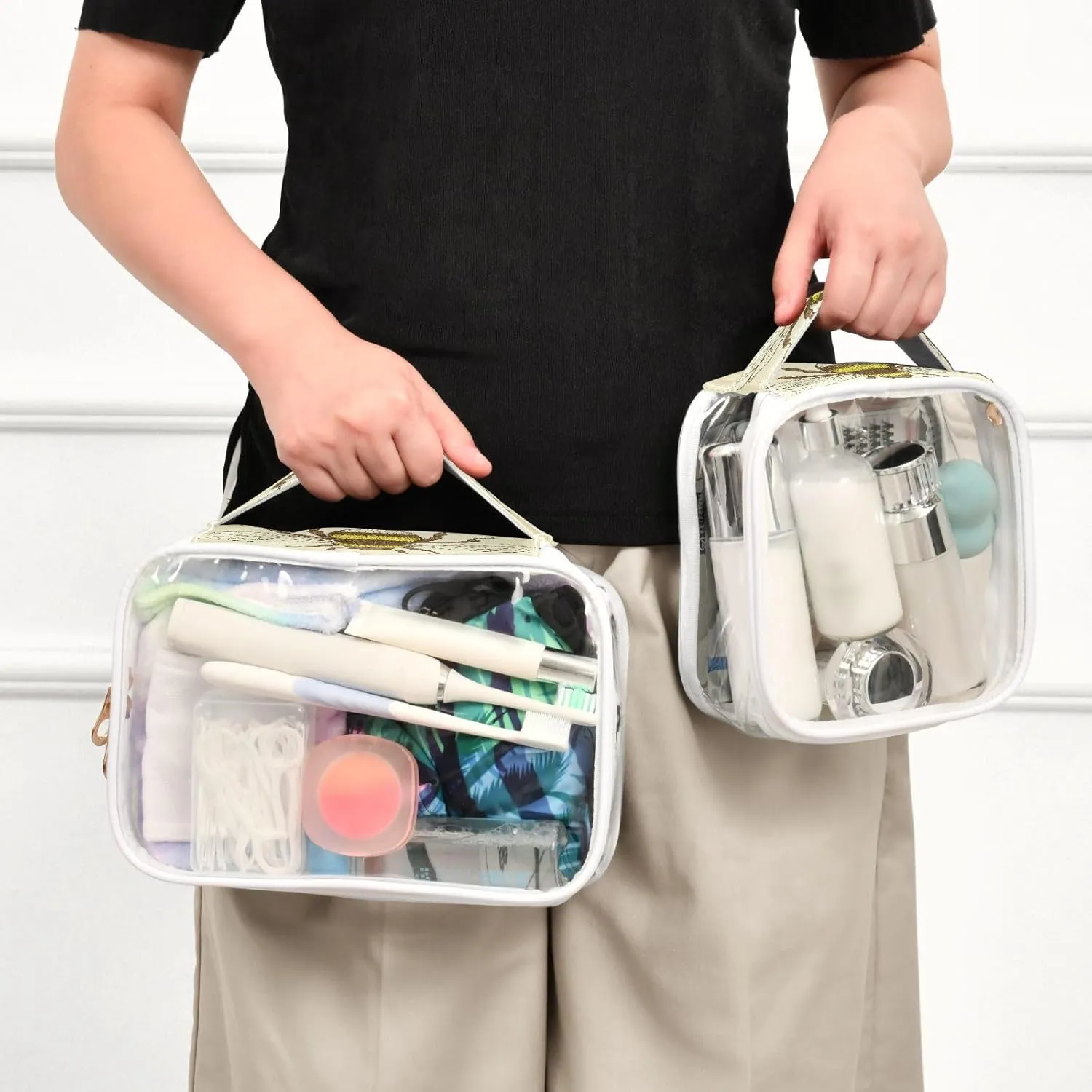 Clear Makeup Bag with Handles 2 Pack Sketch Bumble Bee PVC Waterproof Clear Toiletry Bag for Women Men Traveling Vintage Style Carry on Clear Travel Pouch Cosmetic Bags