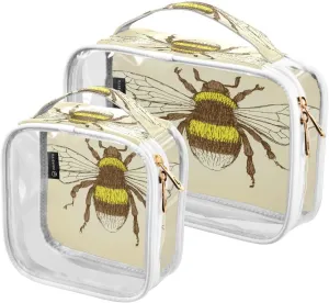 Clear Makeup Bag with Handles 2 Pack Sketch Bumble Bee PVC Waterproof Clear Toiletry Bag for Women Men Traveling Vintage Style Carry on Clear Travel Pouch Cosmetic Bags