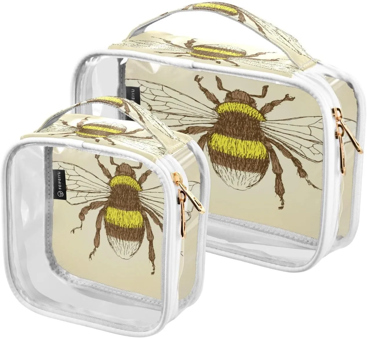 Clear Makeup Bag with Handles 2 Pack Sketch Bumble Bee PVC Waterproof Clear Toiletry Bag for Women Men Traveling Vintage Style Carry on Clear Travel Pouch Cosmetic Bags