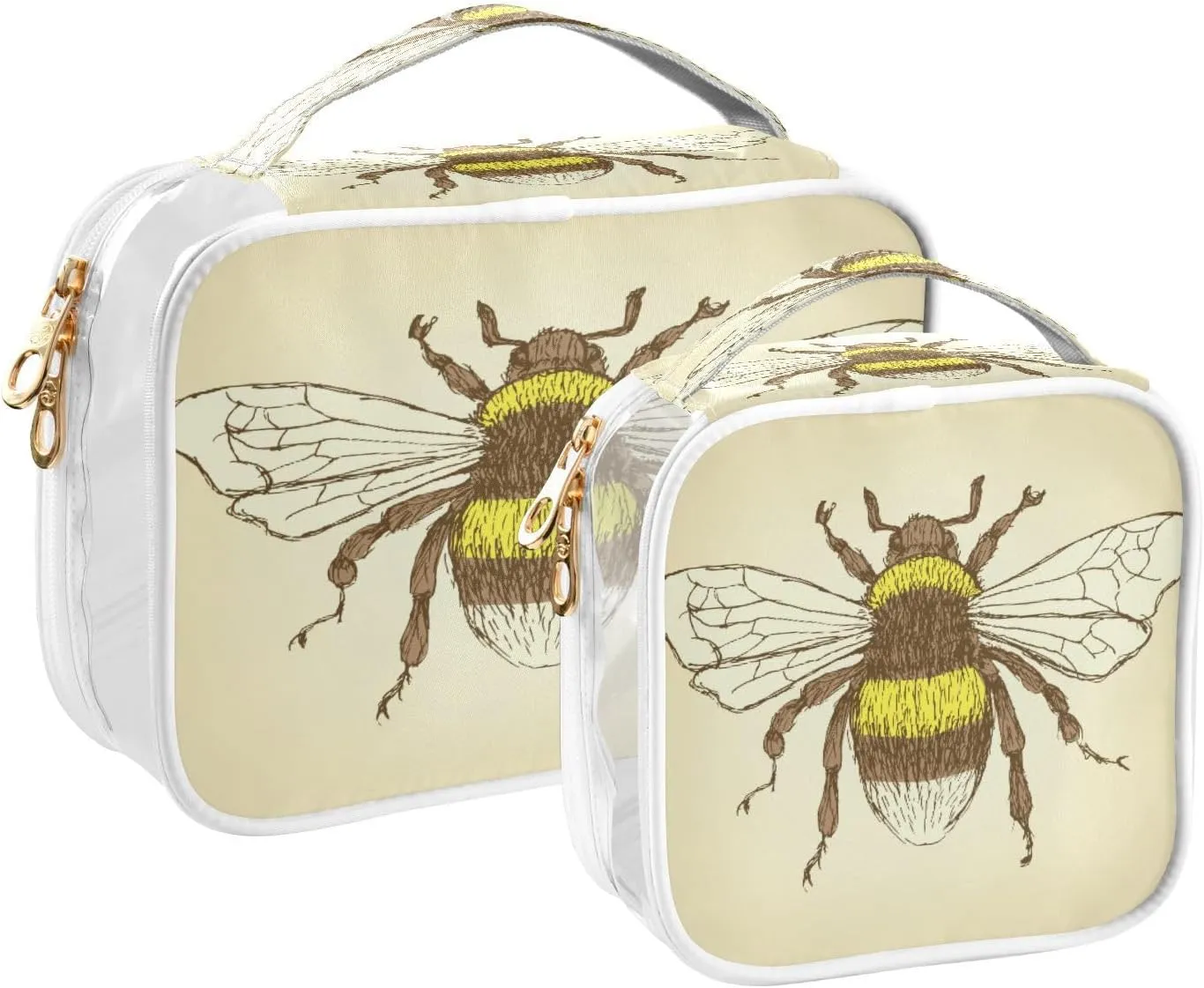 Clear Makeup Bag with Handles 2 Pack Sketch Bumble Bee PVC Waterproof Clear Toiletry Bag for Women Men Traveling Vintage Style Carry on Clear Travel Pouch Cosmetic Bags