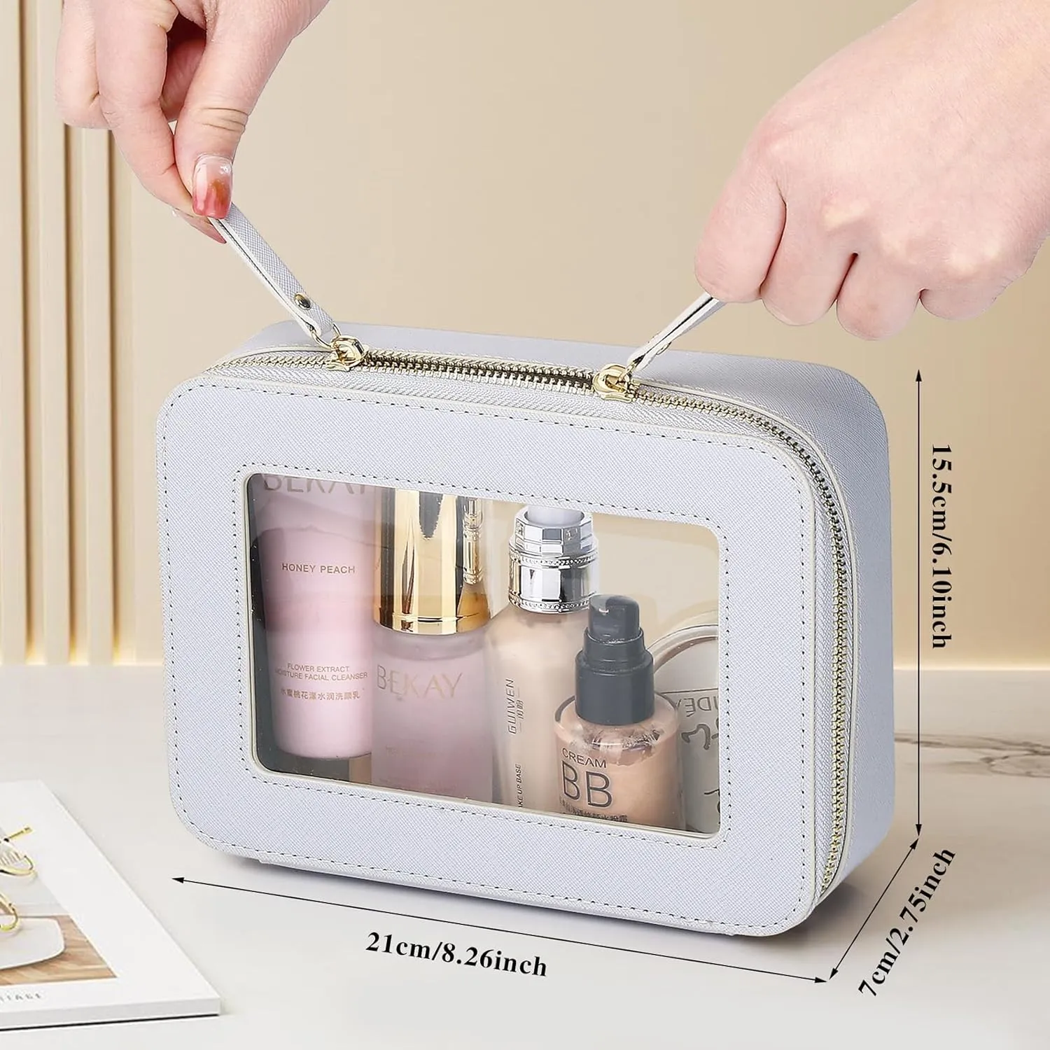 Clear Makeup Bag Women's Waterproof Travel Cosmetic Case and Toiletry Bag Portable Makeup Organizer Bag for Car with Zipper (Gray, M)