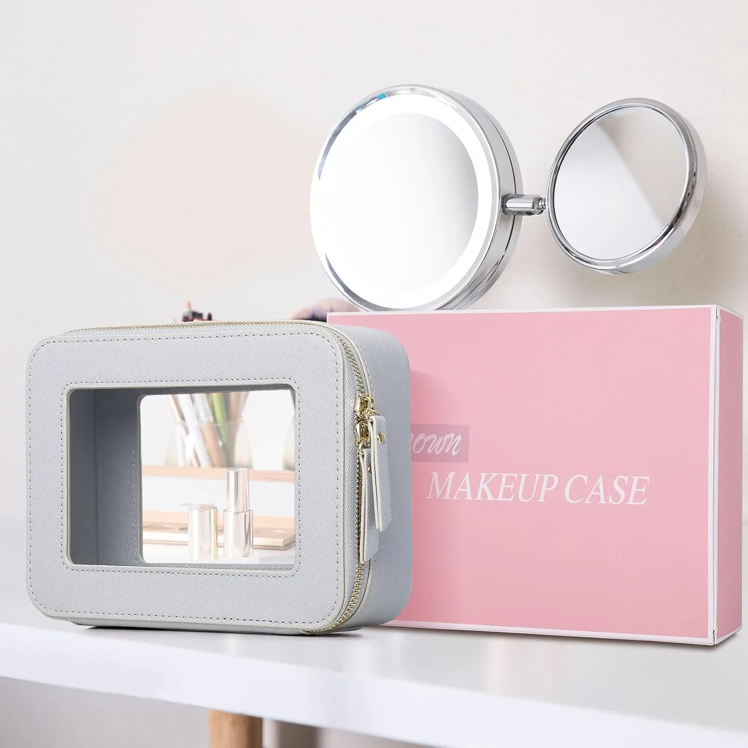 Clear Makeup Bag Women's Waterproof Travel Cosmetic Case and Toiletry Bag Portable Makeup Organizer Bag for Car with Zipper (Gray, M)