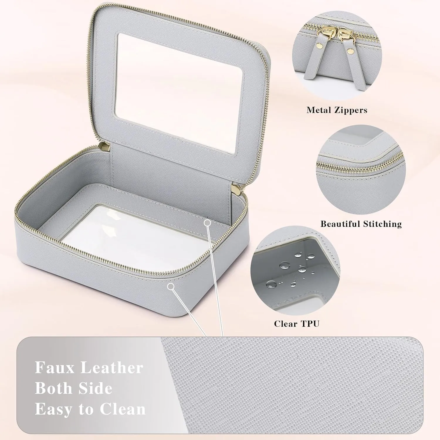 Clear Makeup Bag Women's Waterproof Travel Cosmetic Case and Toiletry Bag Portable Makeup Organizer Bag for Car with Zipper (Gray, M)