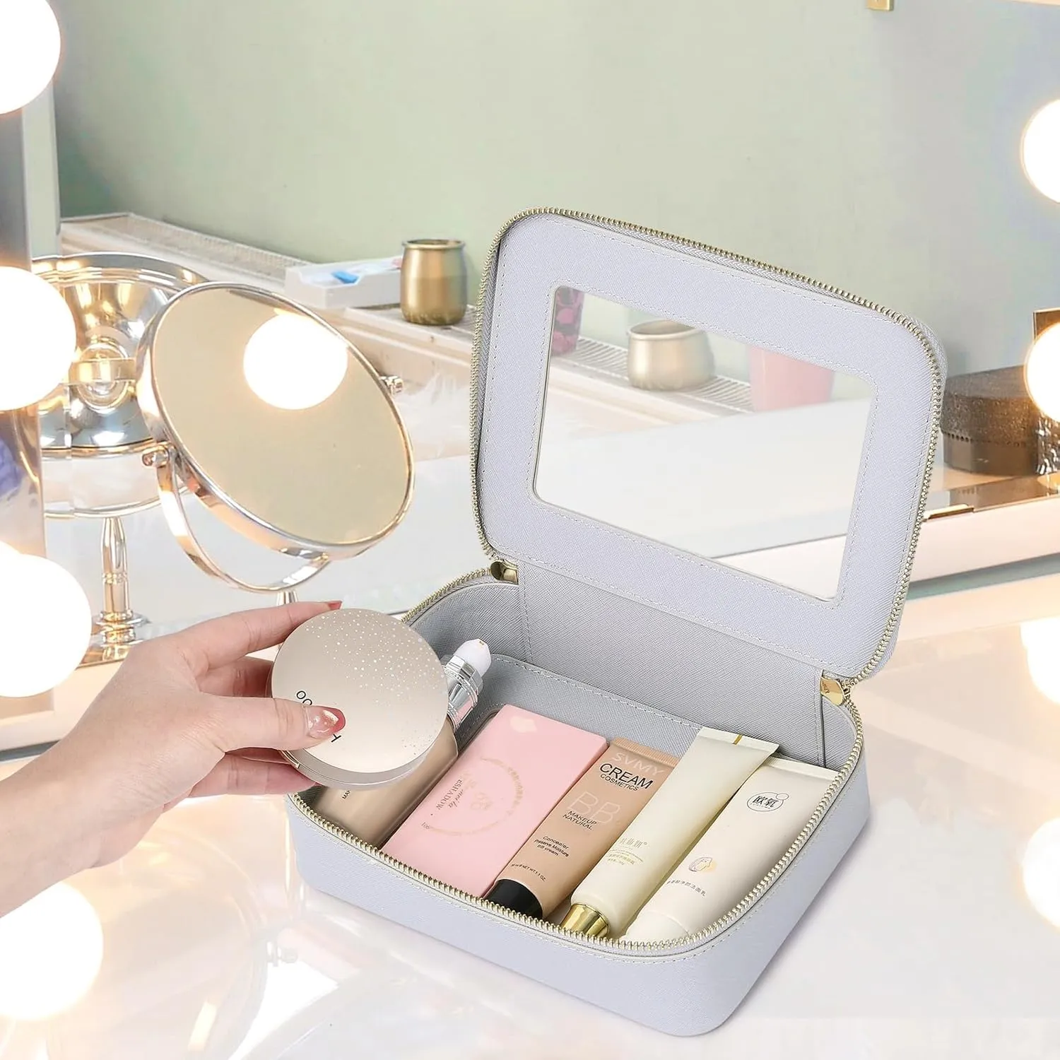 Clear Makeup Bag Women's Waterproof Travel Cosmetic Case and Toiletry Bag Portable Makeup Organizer Bag for Car with Zipper (Gray, M)