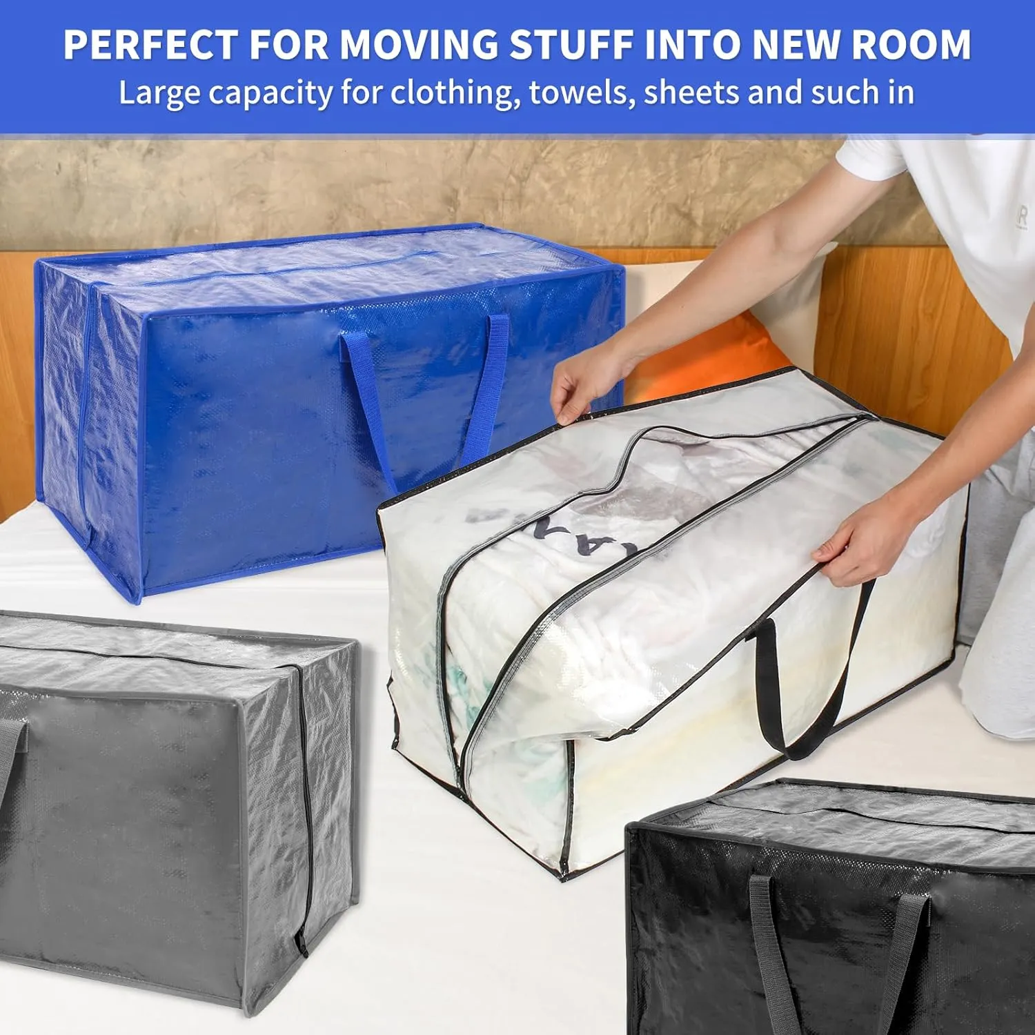 Clear Moving Bags - 8 Pack Extra Large Heavy Duty Storage Bags With Zipper & Reinforce Handles | 29x14x13 Inch Moving Tote Bags Bulk For Clothing, Shoes, Travel