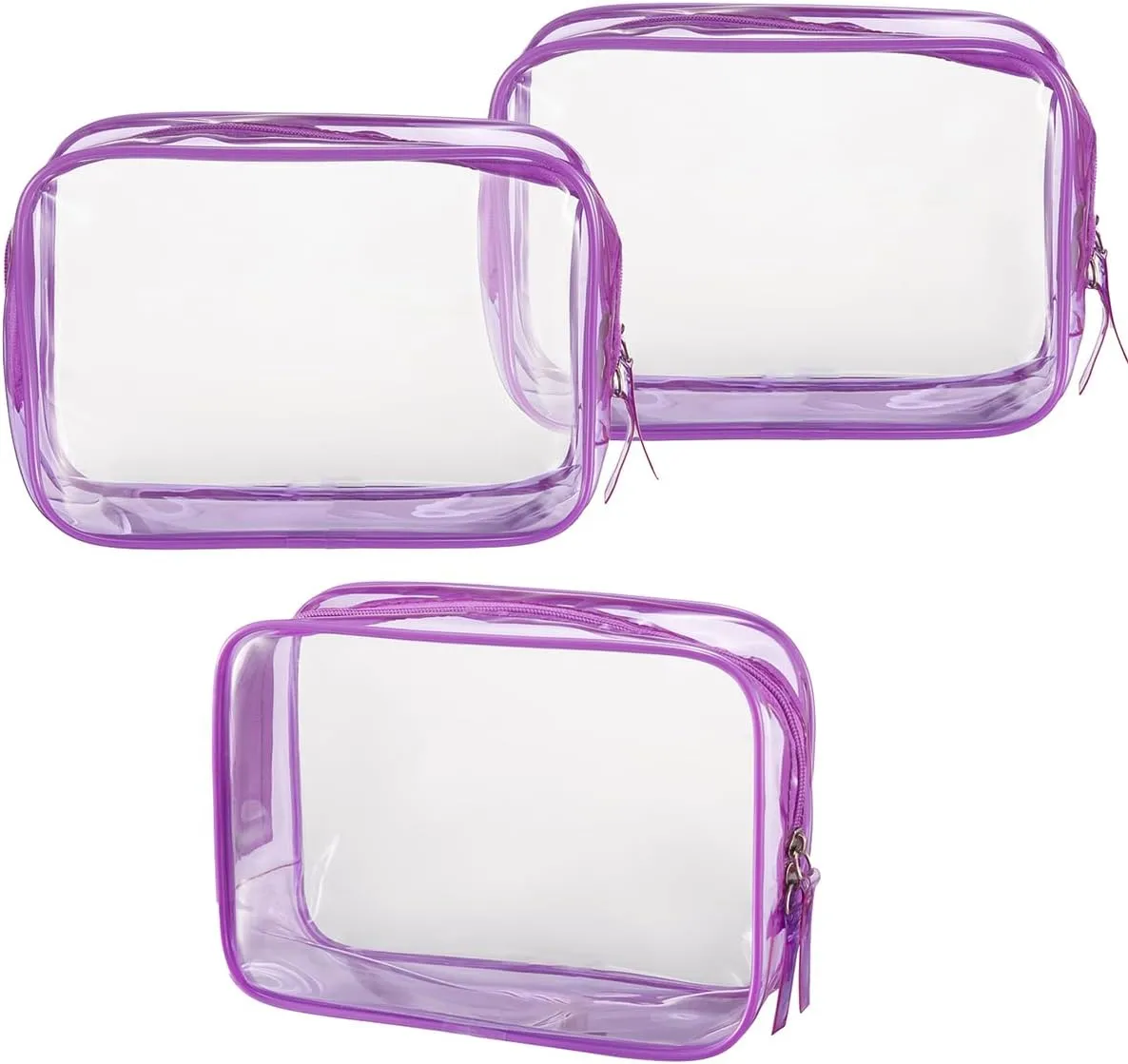 Clear Plastic Violet Zippered Toiletry Carry Pouch TSA Approved Toiletry Bag Portable Cosmetic Makeup Bag for Vacation, Bathroom and Organizing (Violet 3Pcs, Small)