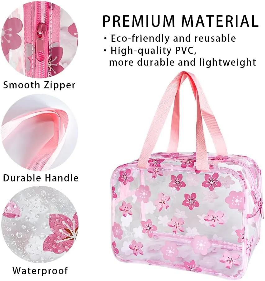 Clear Printed Floral Cosmetic Bag and Travel Pouch with Handle-Durable PVC Material,Versatile,Zipper Design for Smooth Sliding-Ideal for Makeup,Travel Essentials (Pink Floral#1-L)