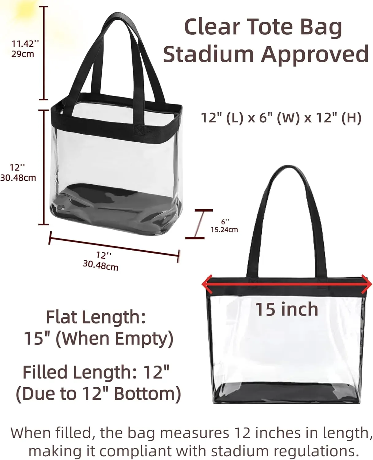 Clear Tote Bag Stadium Approved 12x6x12 12x12x6 Clear Bag for Stadium Events 12 x6 x12 Transparent Purse 12 x 6 x 12