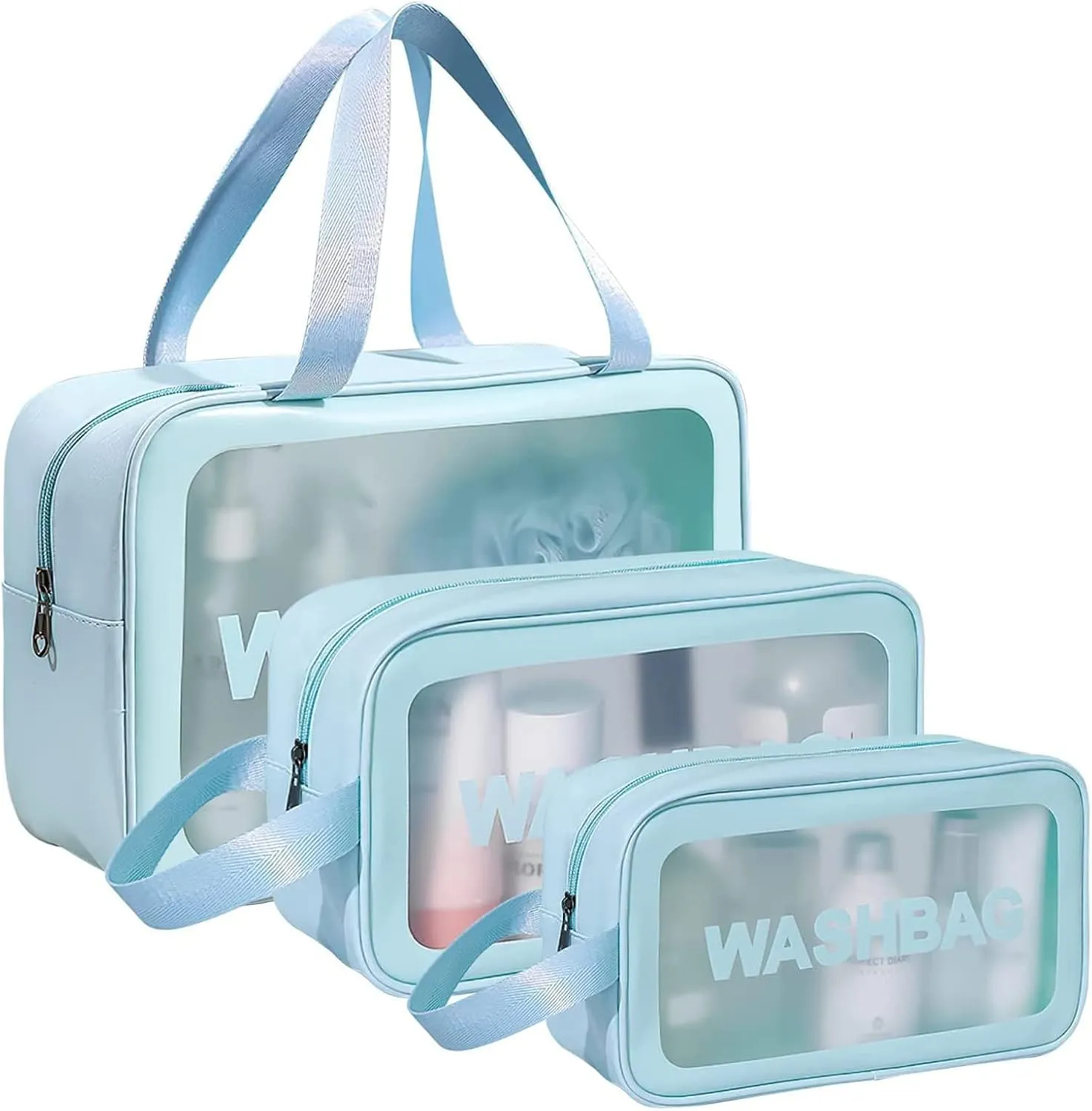 Clear Travel Bags for Toiletries, 3Pcs Portable PVC Waterproof Cosmetic Bags, Transparent Travel Storage Carry Pouch, Toiletry Bags and Cosmetics Organizer for Women Men (A-Blue)