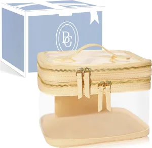 Clear Travel Makeup Bag for Women Organizer with Handle Beige, Extra Large Clear Makeup Bag Toiletry Organizer with Zipper, Clear Cosmetic Travel Bags for Women Skincare Organizer for Traveling Purse
