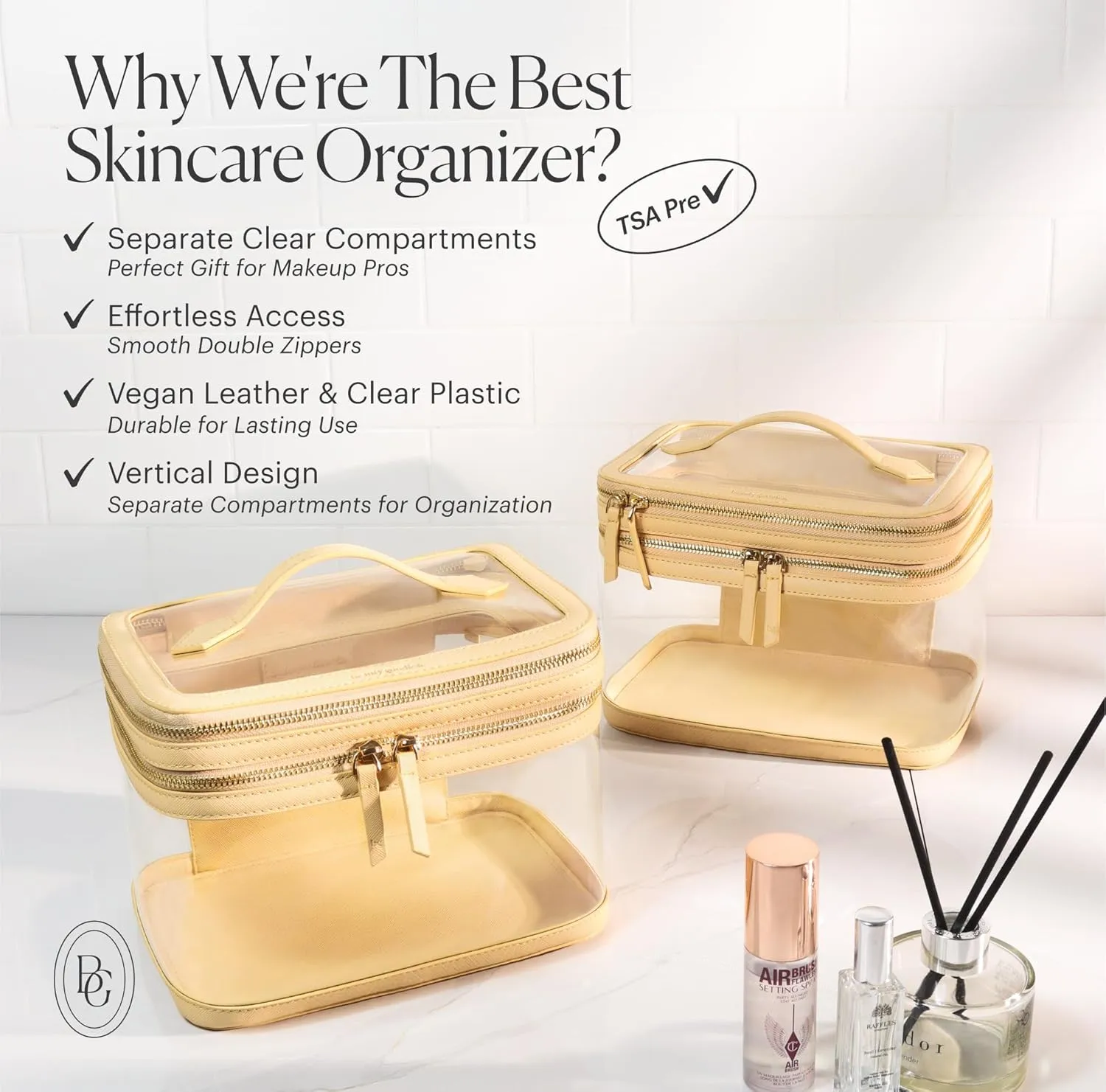 Clear Travel Makeup Bag for Women Organizer with Handle Beige, Extra Large Clear Makeup Bag Toiletry Organizer with Zipper, Clear Cosmetic Travel Bags for Women Skincare Organizer for Traveling Purse