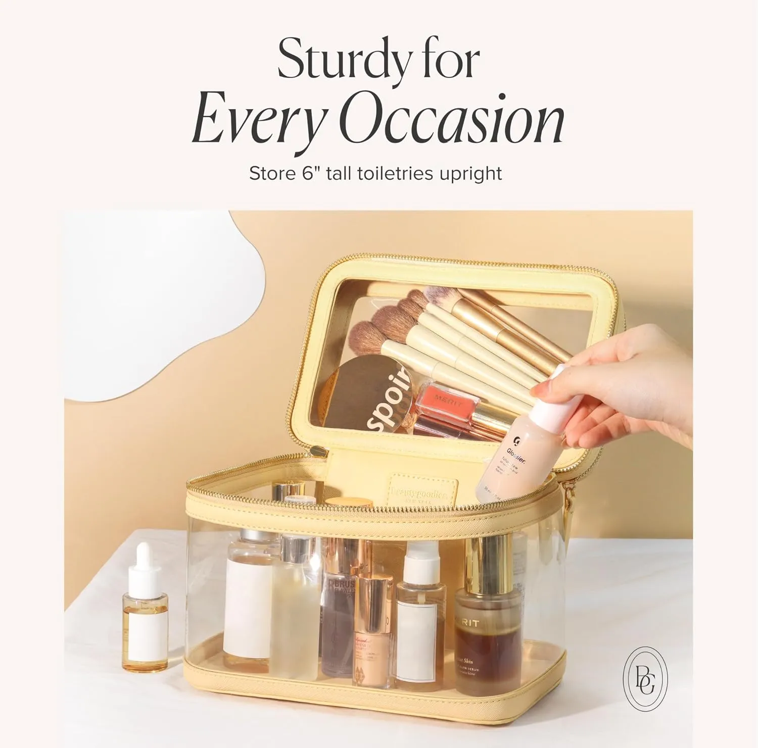 Clear Travel Makeup Bag for Women Organizer with Handle Beige, Extra Large Clear Makeup Bag Toiletry Organizer with Zipper, Clear Cosmetic Travel Bags for Women Skincare Organizer for Traveling Purse