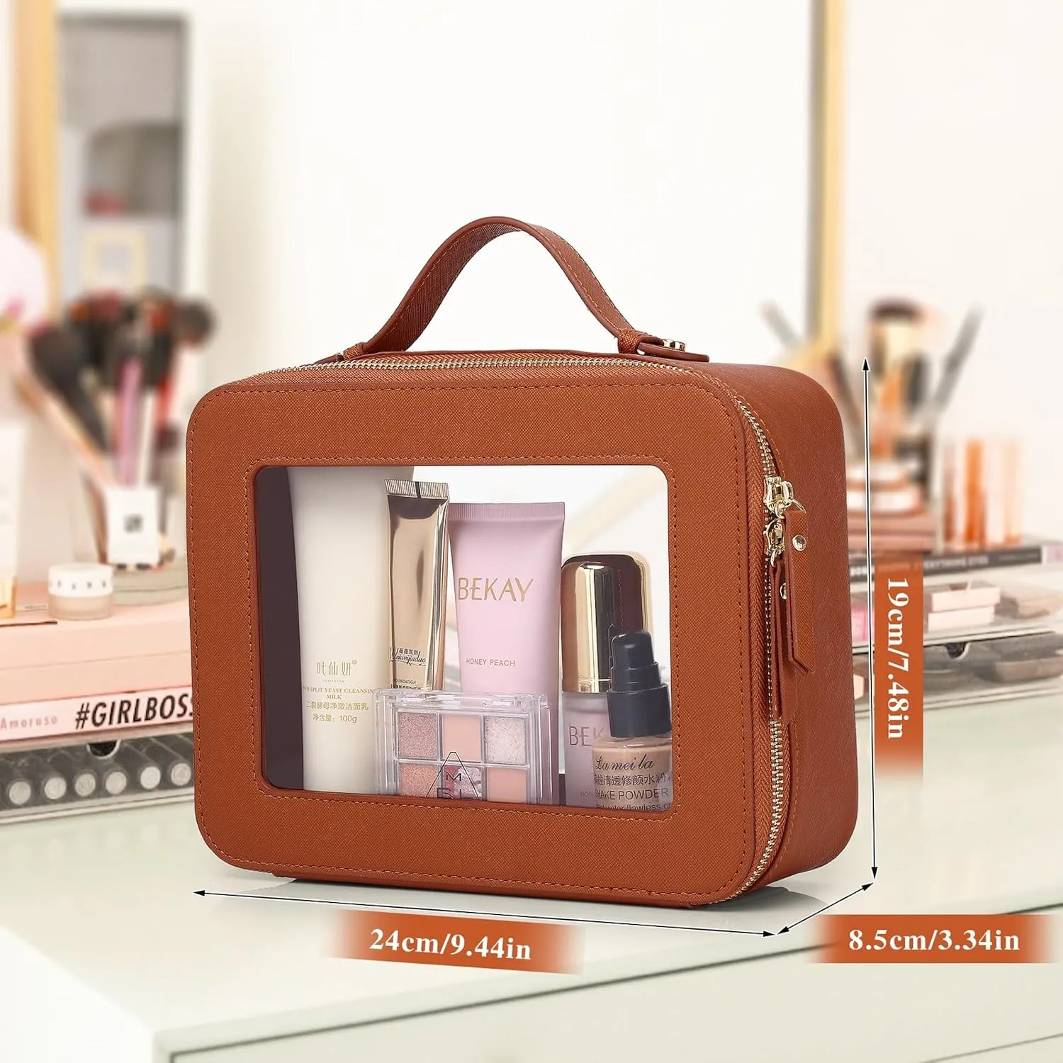 Clear Travel Makeup Bag with Brush Bag Portable Transparent Cosmetic Bag and Toiletry Bag Waterproof Clear Makeup Bag with Zipper Car Bag for Women (Brown, L Slim)