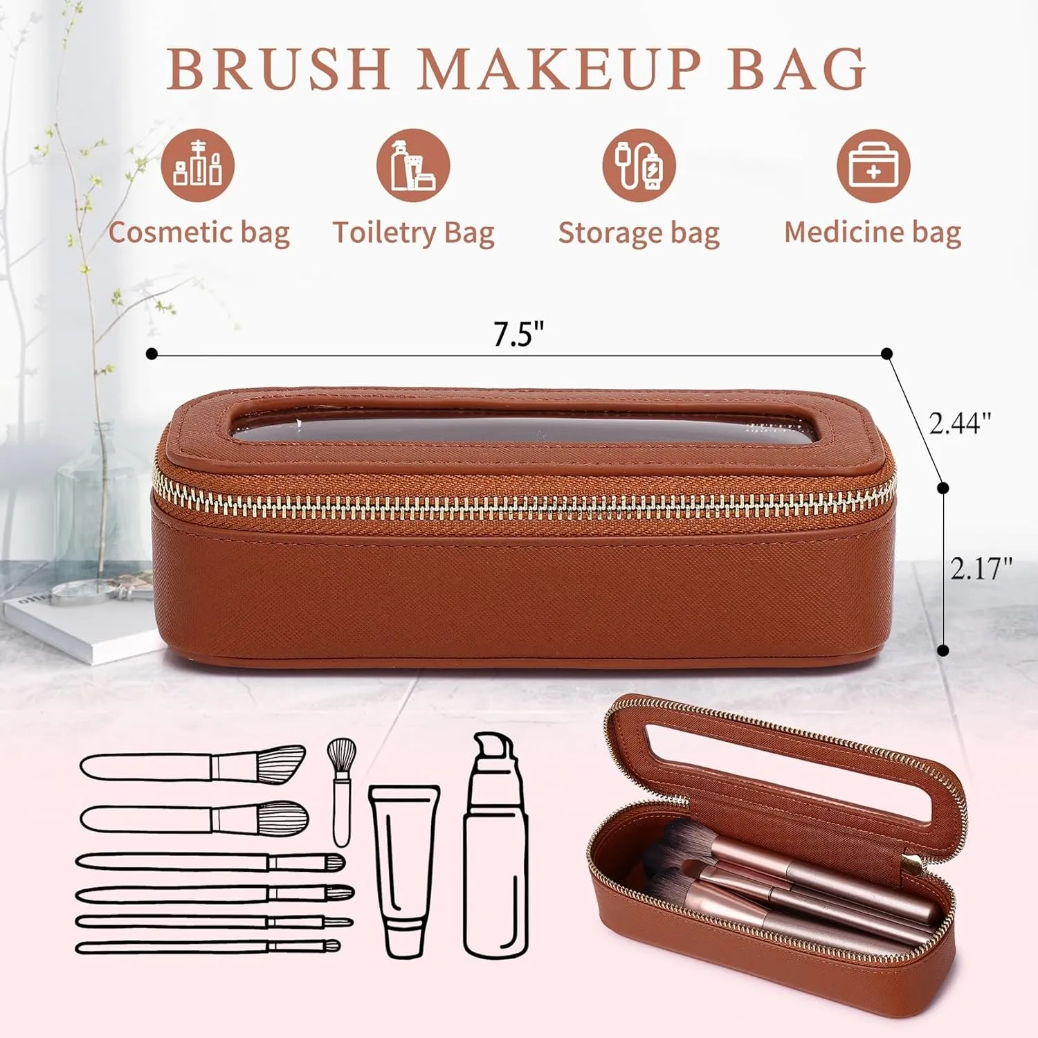 Clear Travel Makeup Bag with Brush Bag Portable Transparent Cosmetic Bag and Toiletry Bag Waterproof Clear Makeup Bag with Zipper Car Bag for Women (Brown, L Slim)