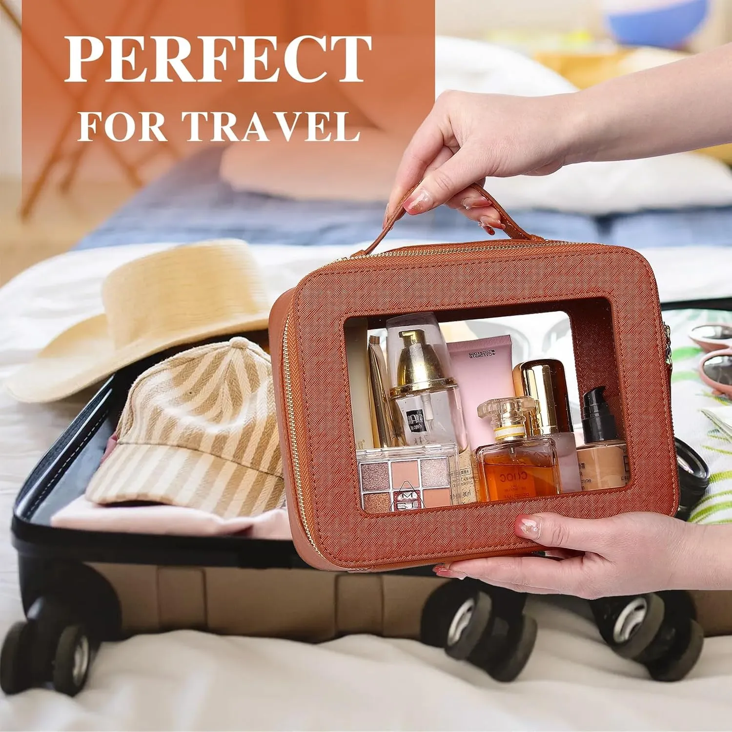 Clear Travel Makeup Bag with Brush Bag Portable Transparent Cosmetic Bag and Toiletry Bag Waterproof Clear Makeup Bag with Zipper Car Bag for Women (Brown, L Slim)