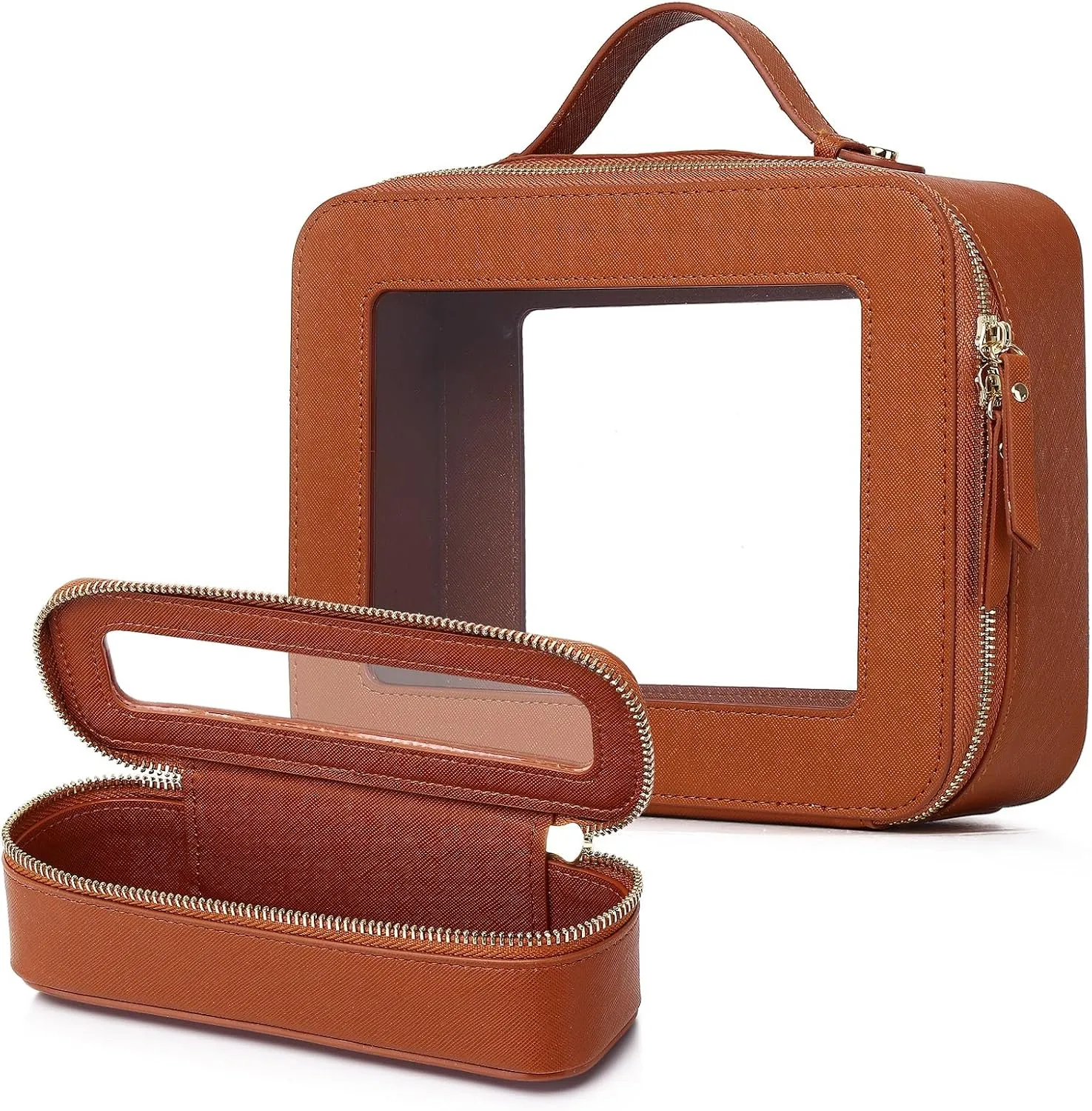 Clear Travel Makeup Bag with Brush Bag Portable Transparent Cosmetic Bag and Toiletry Bag Waterproof Clear Makeup Bag with Zipper Car Bag for Women (Brown, L Slim)