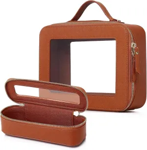 Clear Travel Makeup Bag with Brush Bag Portable Transparent Cosmetic Bag and Toiletry Bag Waterproof Clear Makeup Bag with Zipper Car Bag for Women (Brown, L Slim)