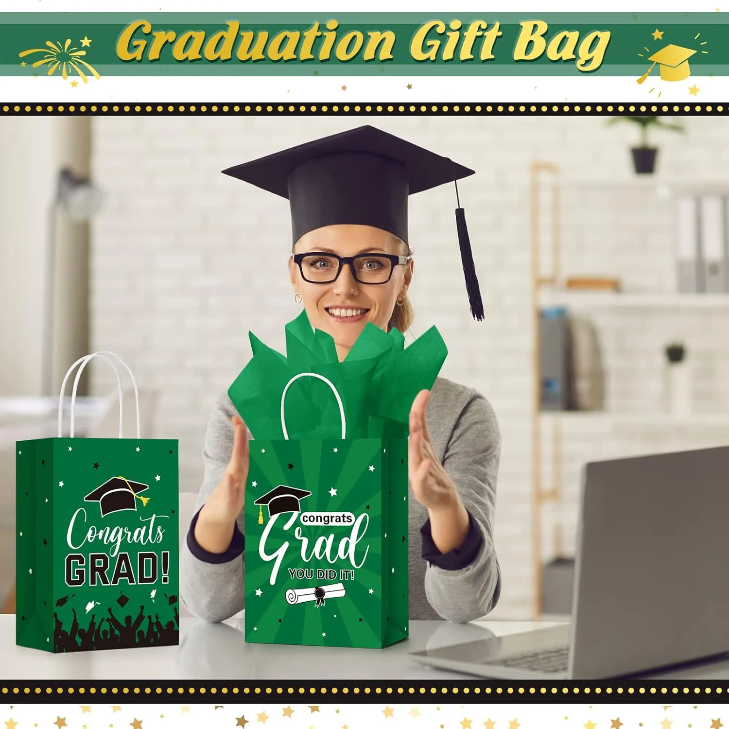 Colarr 24 Pcs Graduation Gift Bags with Tissue Paper 2024 Graduation Party Gift Bags with Handles for High School, College, Kindergarten, 8th Grade and More(Green)