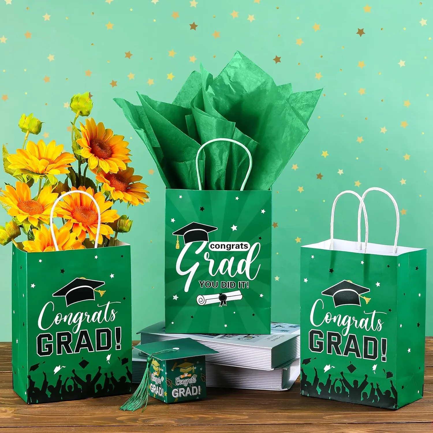 Colarr 24 Pcs Graduation Gift Bags with Tissue Paper 2024 Graduation Party Gift Bags with Handles for High School, College, Kindergarten, 8th Grade and More(Green)