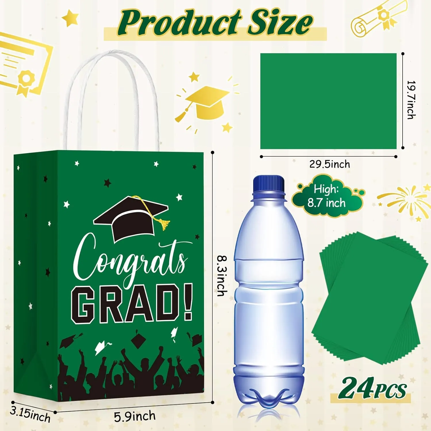 Colarr 24 Pcs Graduation Gift Bags with Tissue Paper 2024 Graduation Party Gift Bags with Handles for High School, College, Kindergarten, 8th Grade and More(Green)